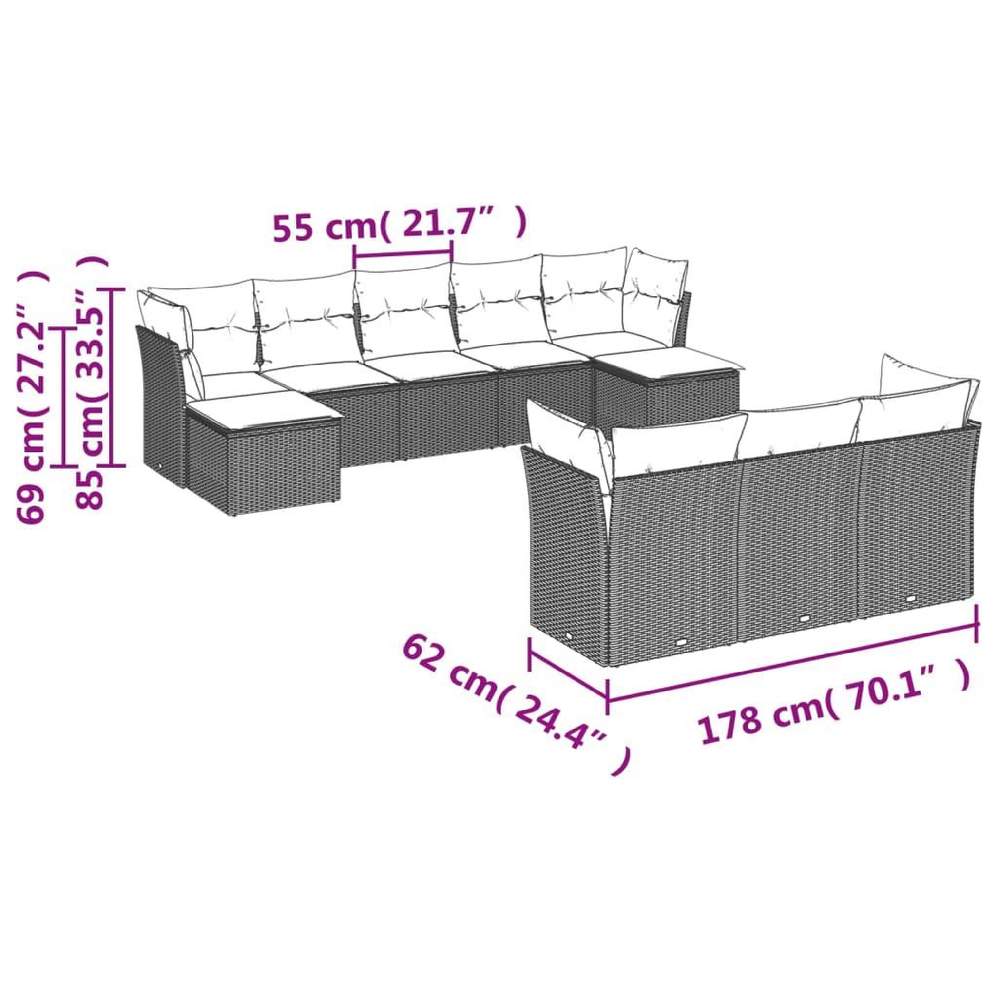 Voir la diapositive 3 : VIDAXL Salon de jardin avec coussins 10 pcs gris resine tressee