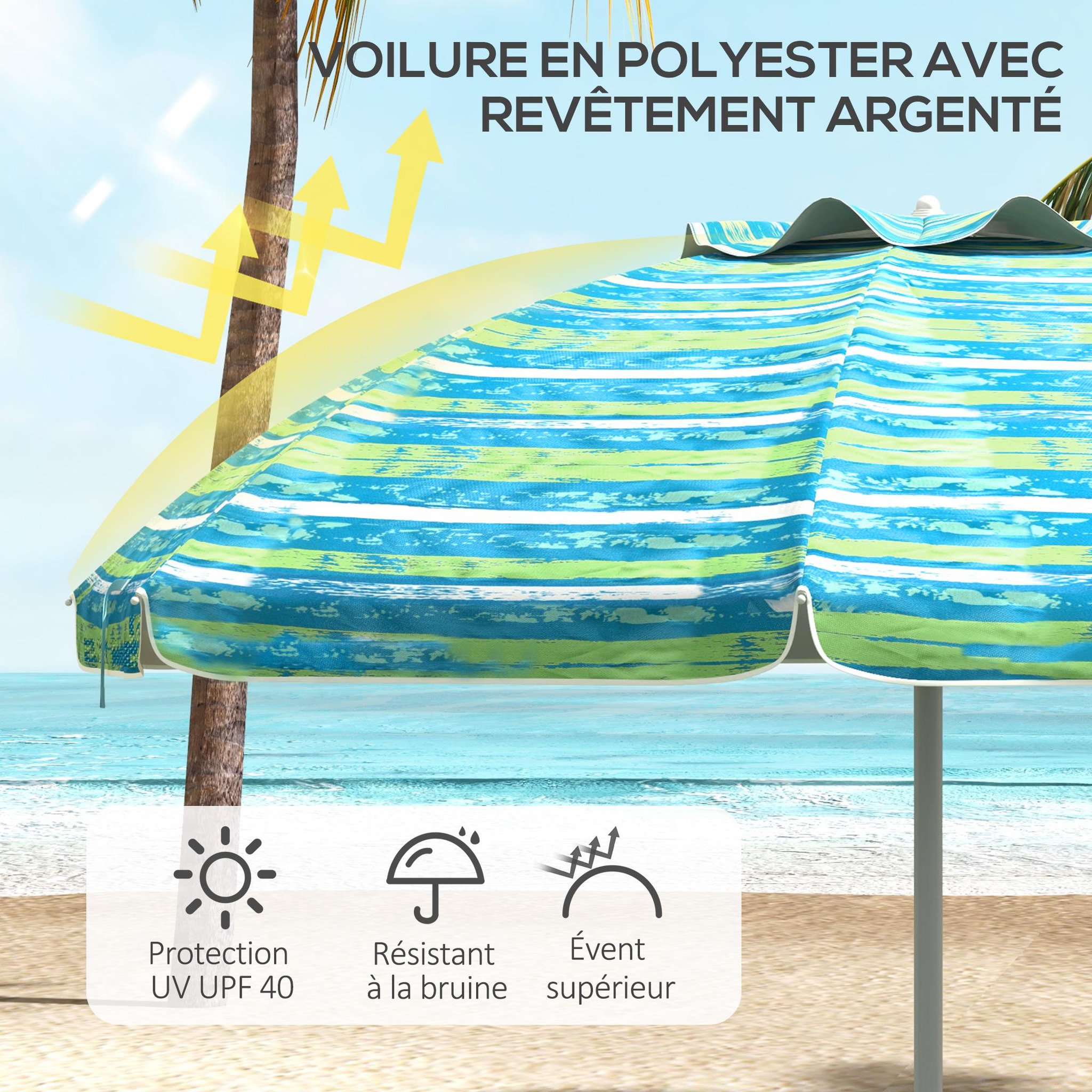 Voir la diapositive 4 : OUTSUNNY Parasol inclinable réglable de plage protection UV50+ Ø190 cm sac et porte-gobelets inclus