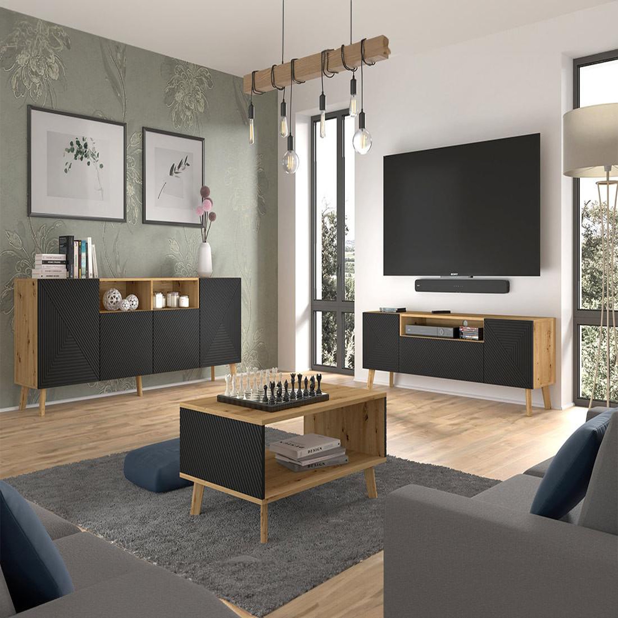 Voir la diapositive 4 : BEST MOBILIER Velato - meuble tv - effet bois et noir - 3 portes et 1 niche - 160 cm