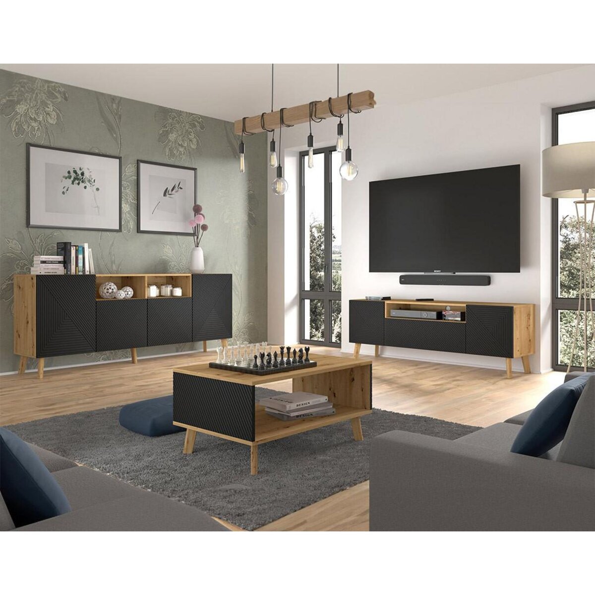 BEST MOBILIER Velato - meuble tv - effet bois et noir - 3 portes et 1 niche - 160 cm
