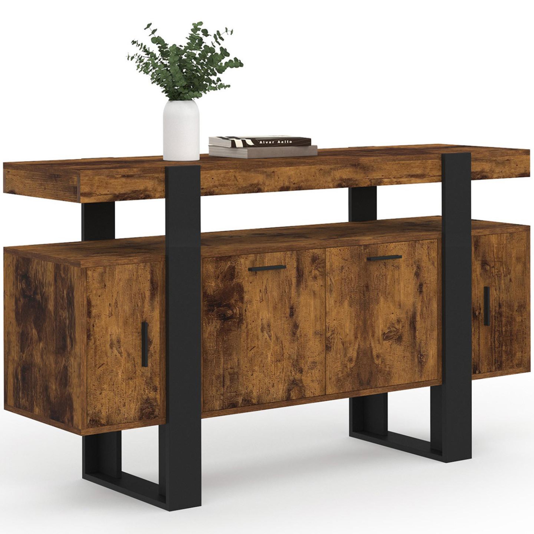 ID MARKET Buffet 140 cm phoenix 4 portes bois effet vieilli et noir