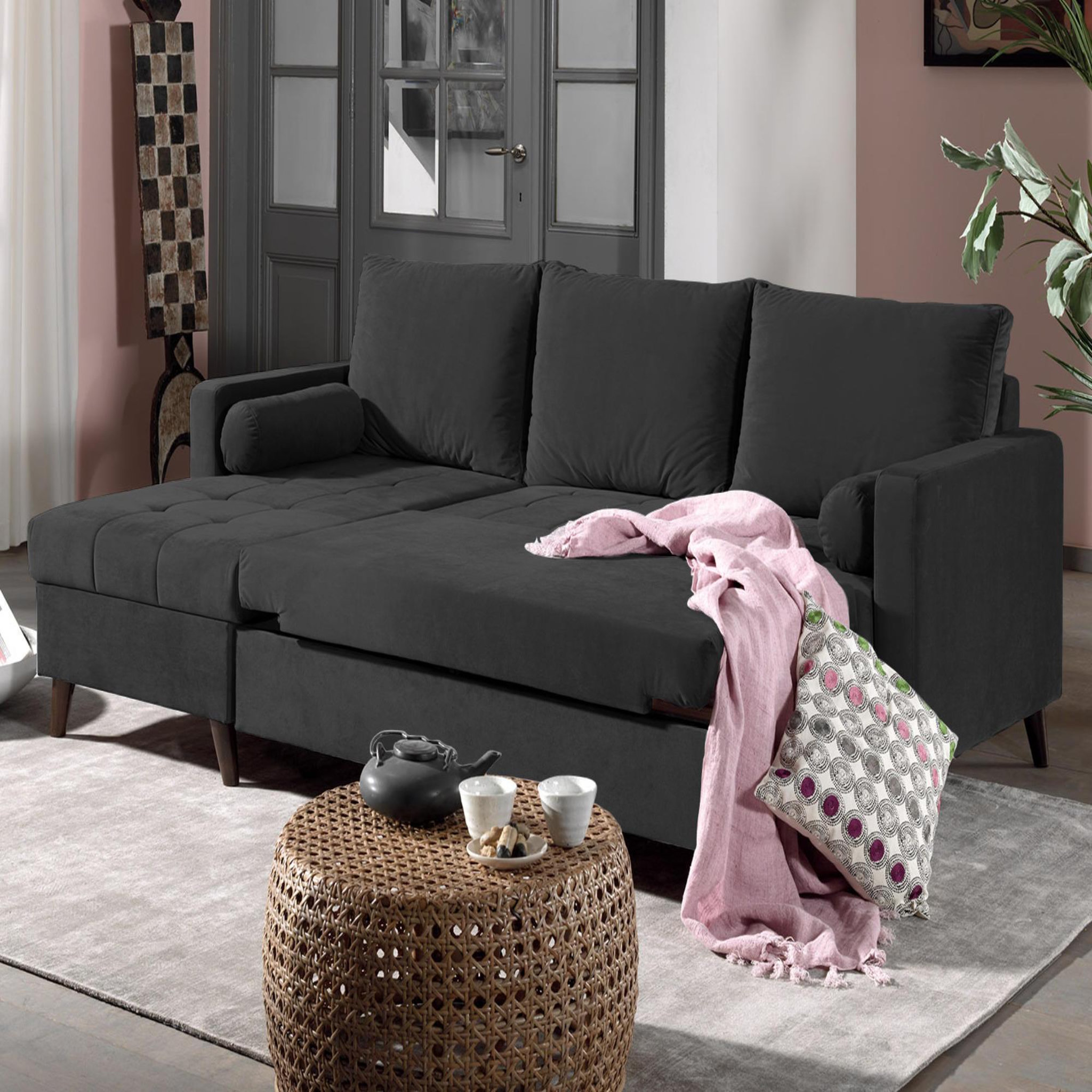 Voir la diapositive 3 : BEST MOBILIER Polar - canapé d'angle réversible convertible - en velours au design scandinave - 4 places