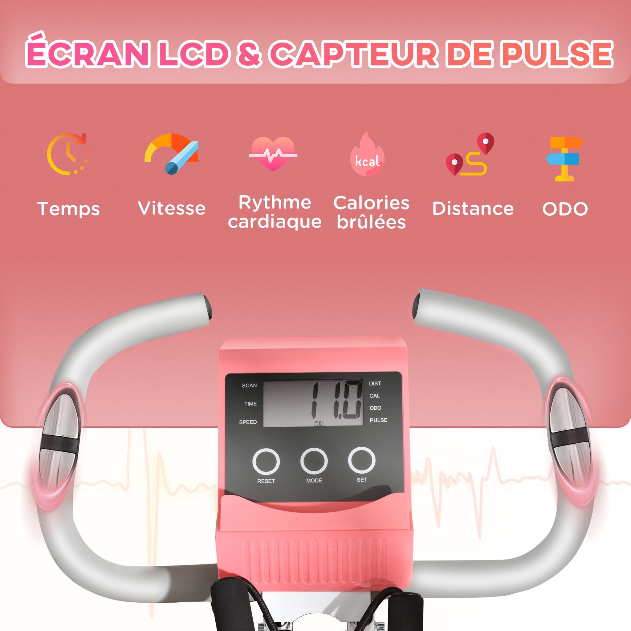 Voir la diapositive 4 : HOMCOM Vélo d'appartement pliant 8 niveaux de résistance magnétique dossier selle réglable poignées ergonomiques écran LCD multifonction suspensions support tablette acier