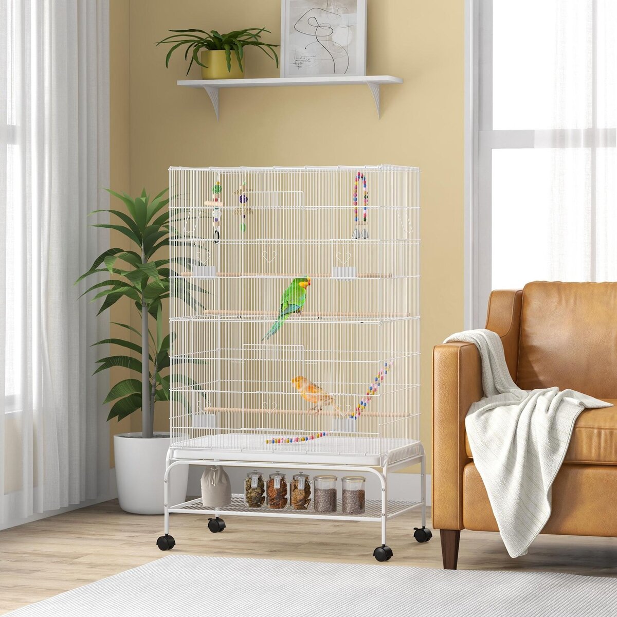 PAWHUT Cage à oiseaux sur roulettes - étagère, plateau déjection, 3 perchoirs, 4 mangeoirs, 2 portes, 8 trappes, accessoires - acier
