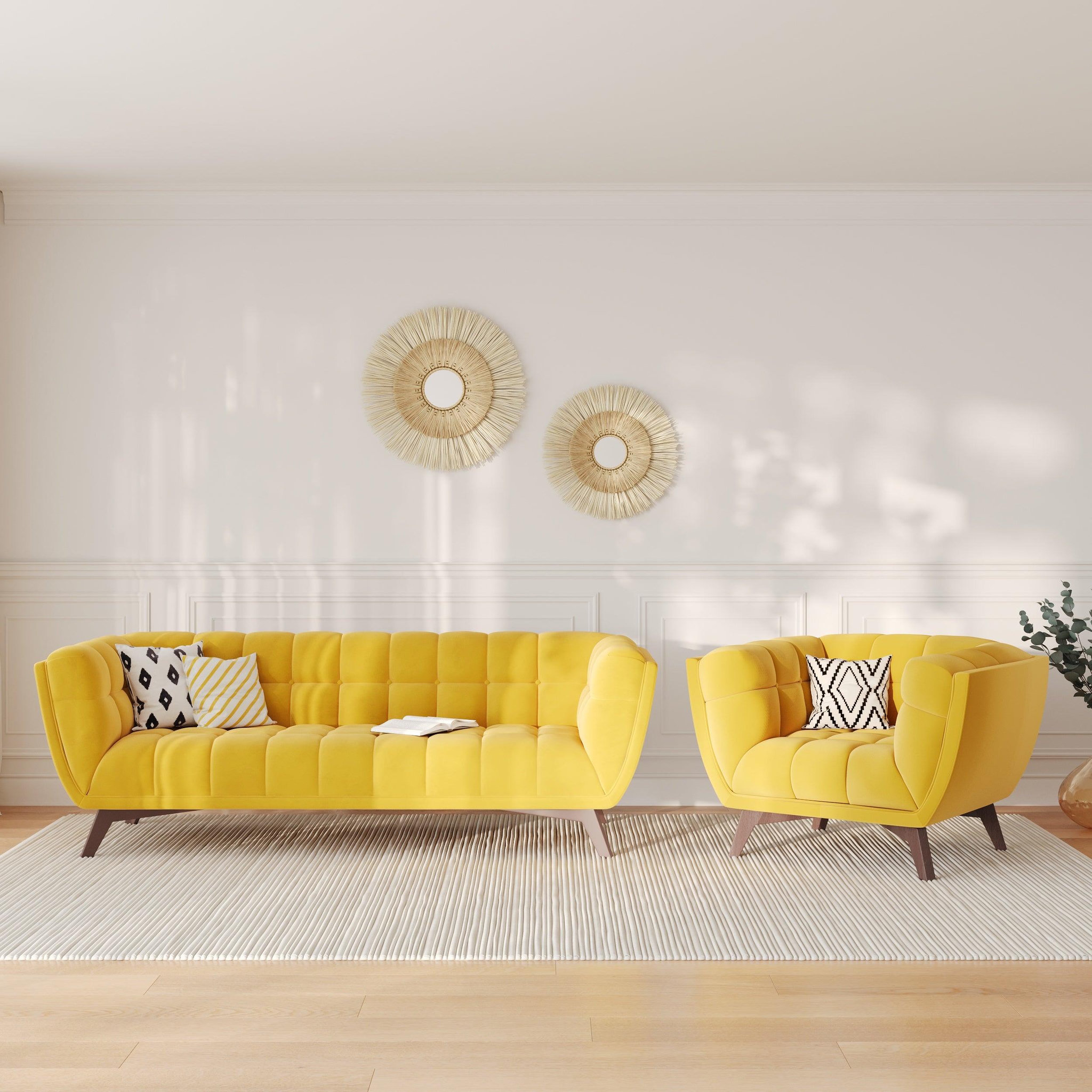 Voir la diapositive 2 : MAISON PAVANE Ensemble canapé et fauteuil en velours jaune 4 places-mona