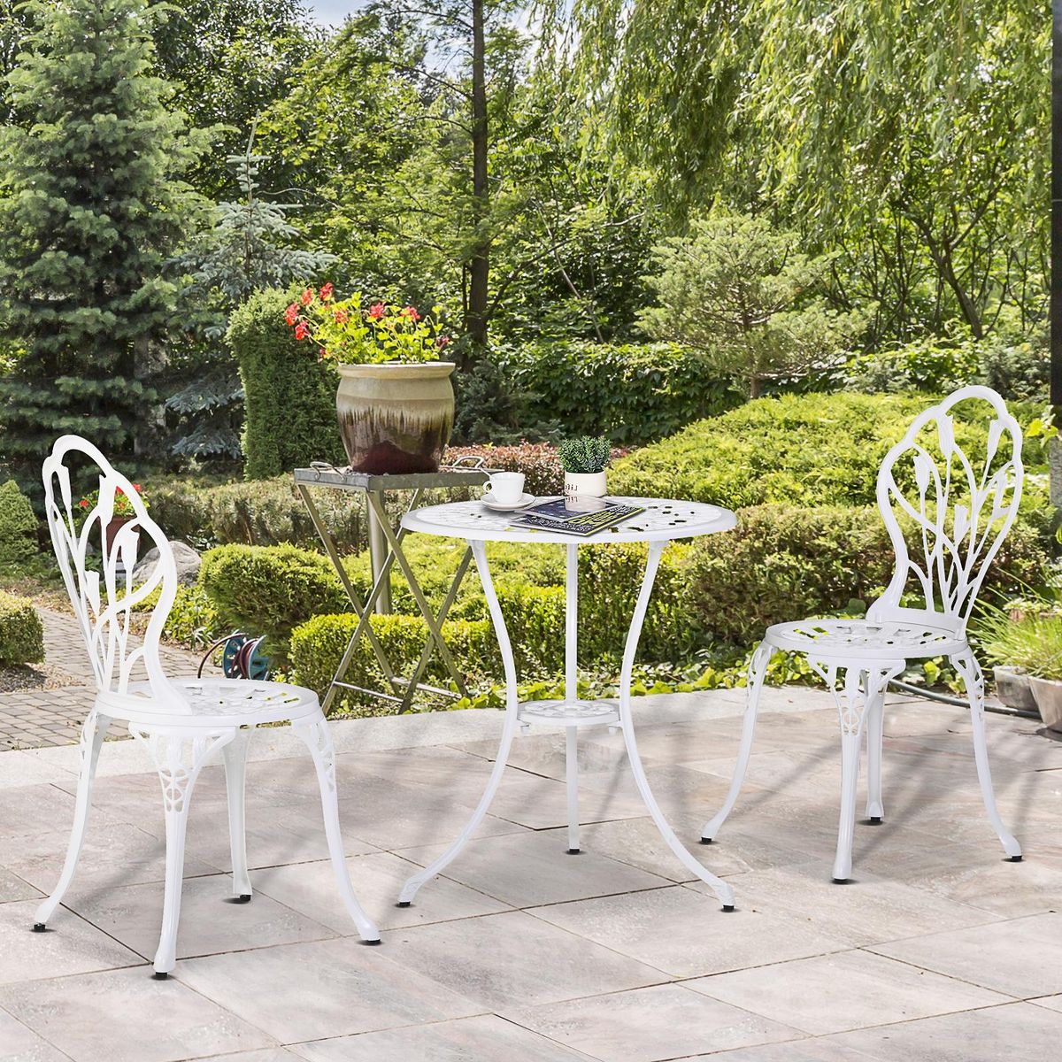 OUTSUNNY Ensemble salon de jardin 2 places 2 chaises + table ronde fonte d'aluminium imitation fer forgé blanc