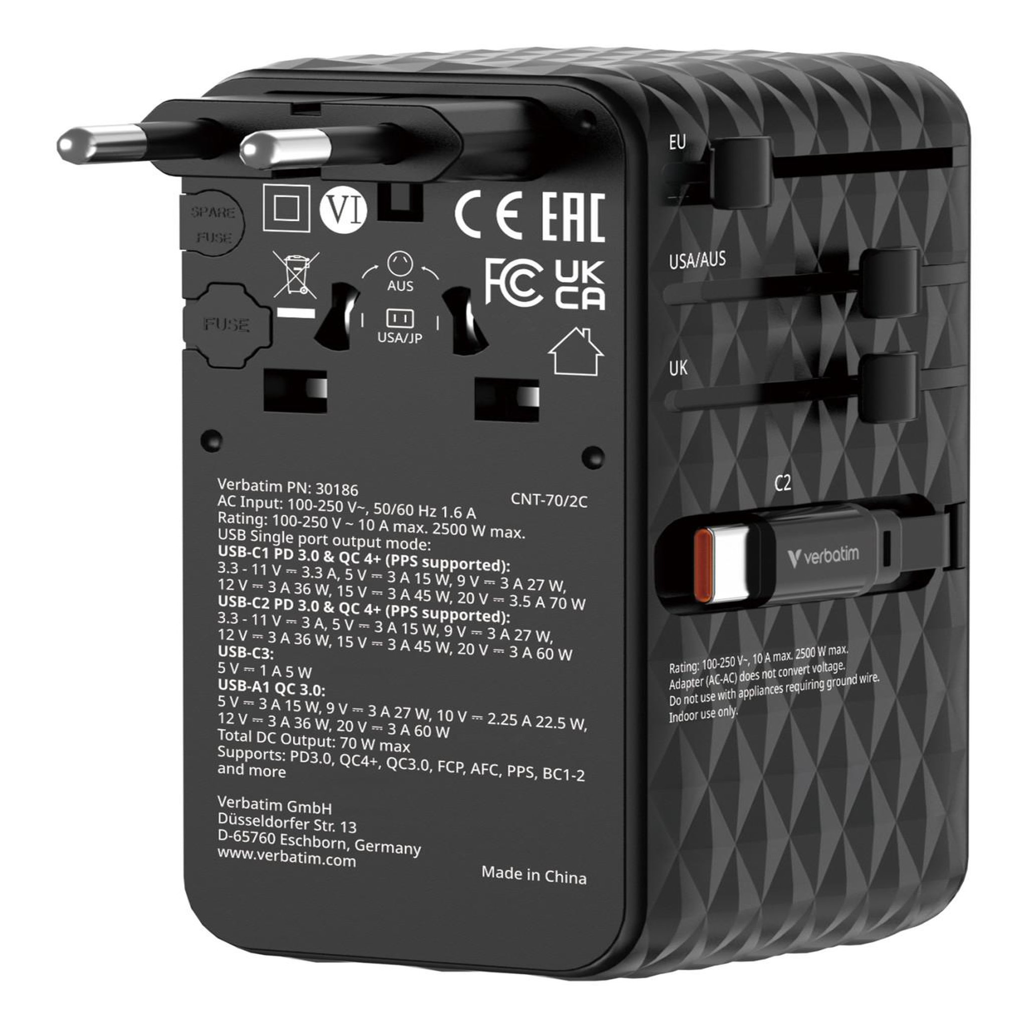 Verbatim Verbatim 30186 chargeur d'appareils mobiles universel noir secteur charge rapide intérieure