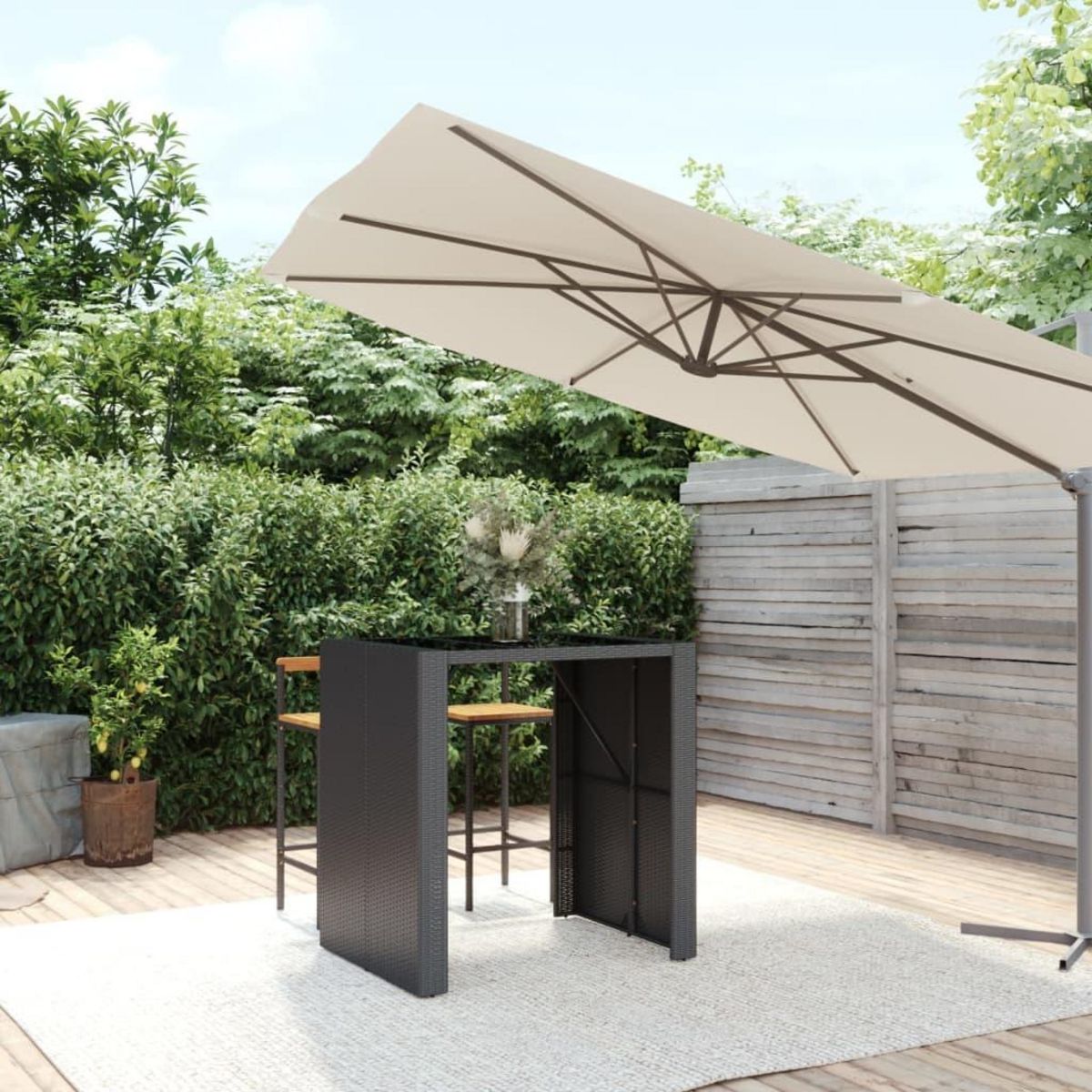 VIDAXL Table de bar et dessus en verre noir 105x80x110 cm poly rotin