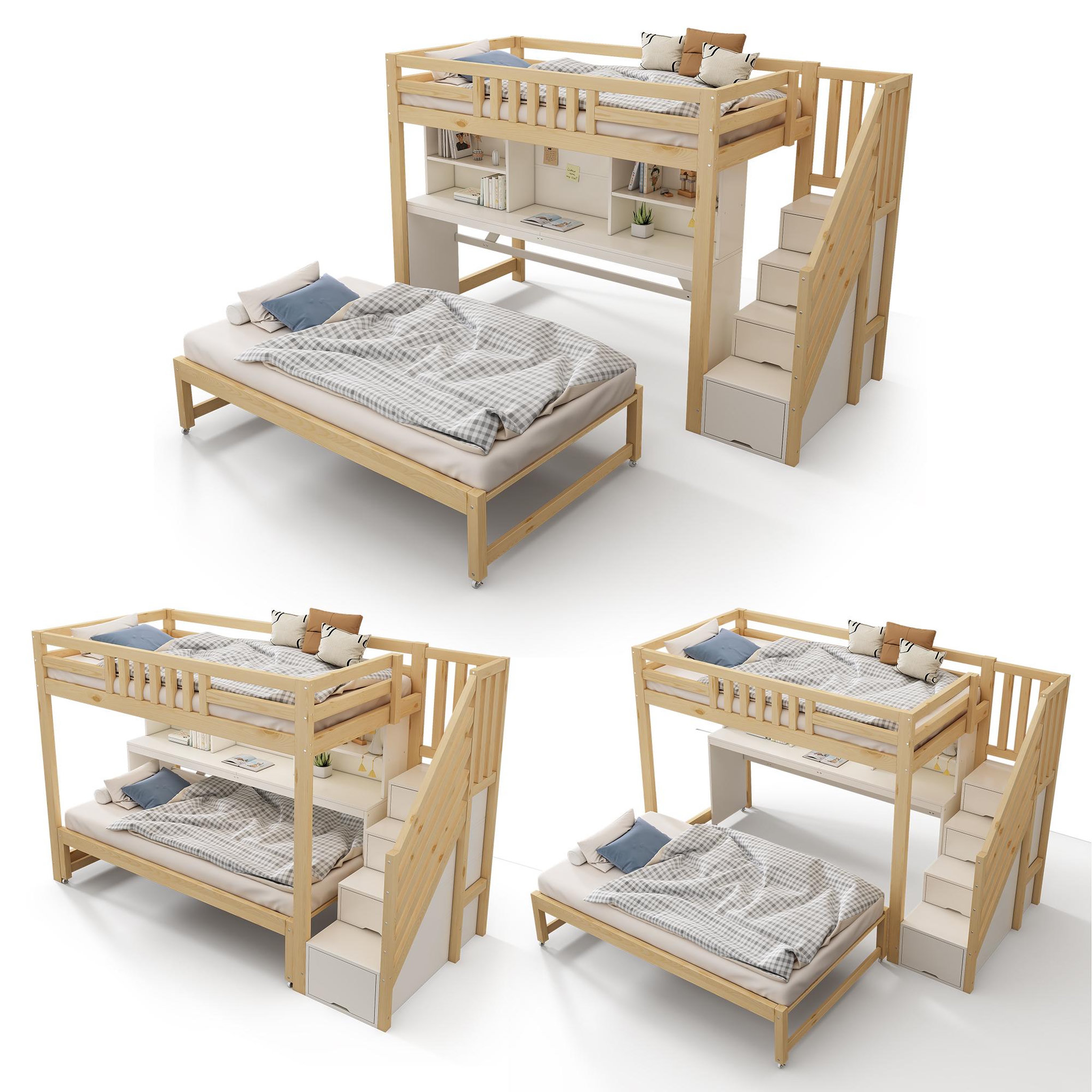 Voir la diapositive 6 : MERAX Lit superposé enfant 90x200+90x190 cm avec bureau coloris blanc et chêne