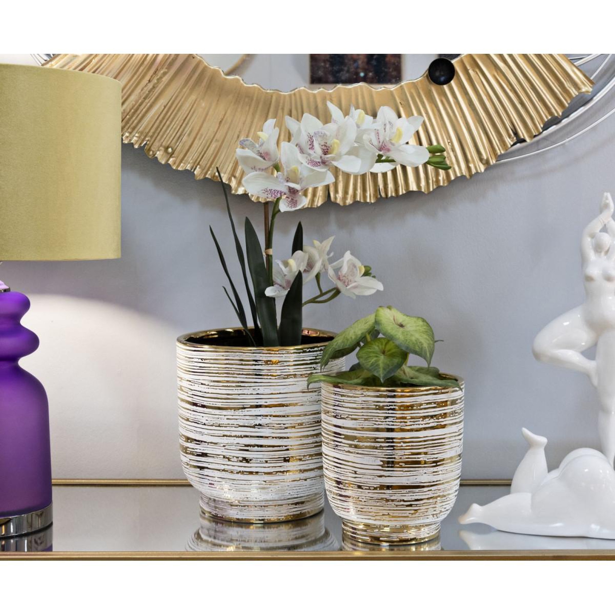 Voir la diapositive 5 : Paris Prix Lot de 2 vases en céramique  melody  24cm or & blanc