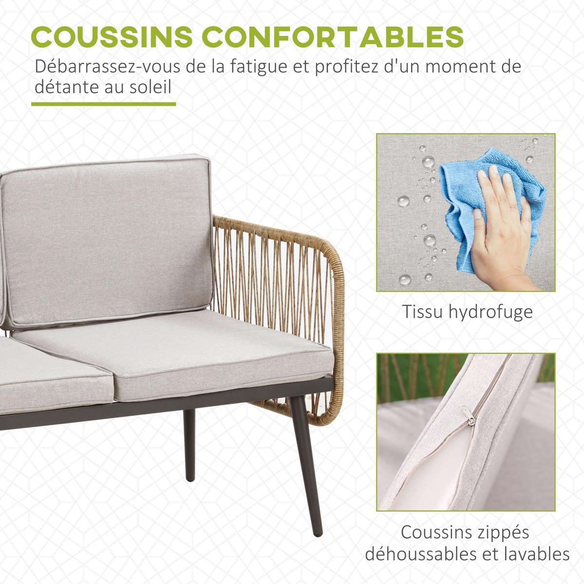 OUTSUNNY Salon de jardin 4 places 4 pièces style colonial table basse coussins beige inclus résine tressée aspect rotin