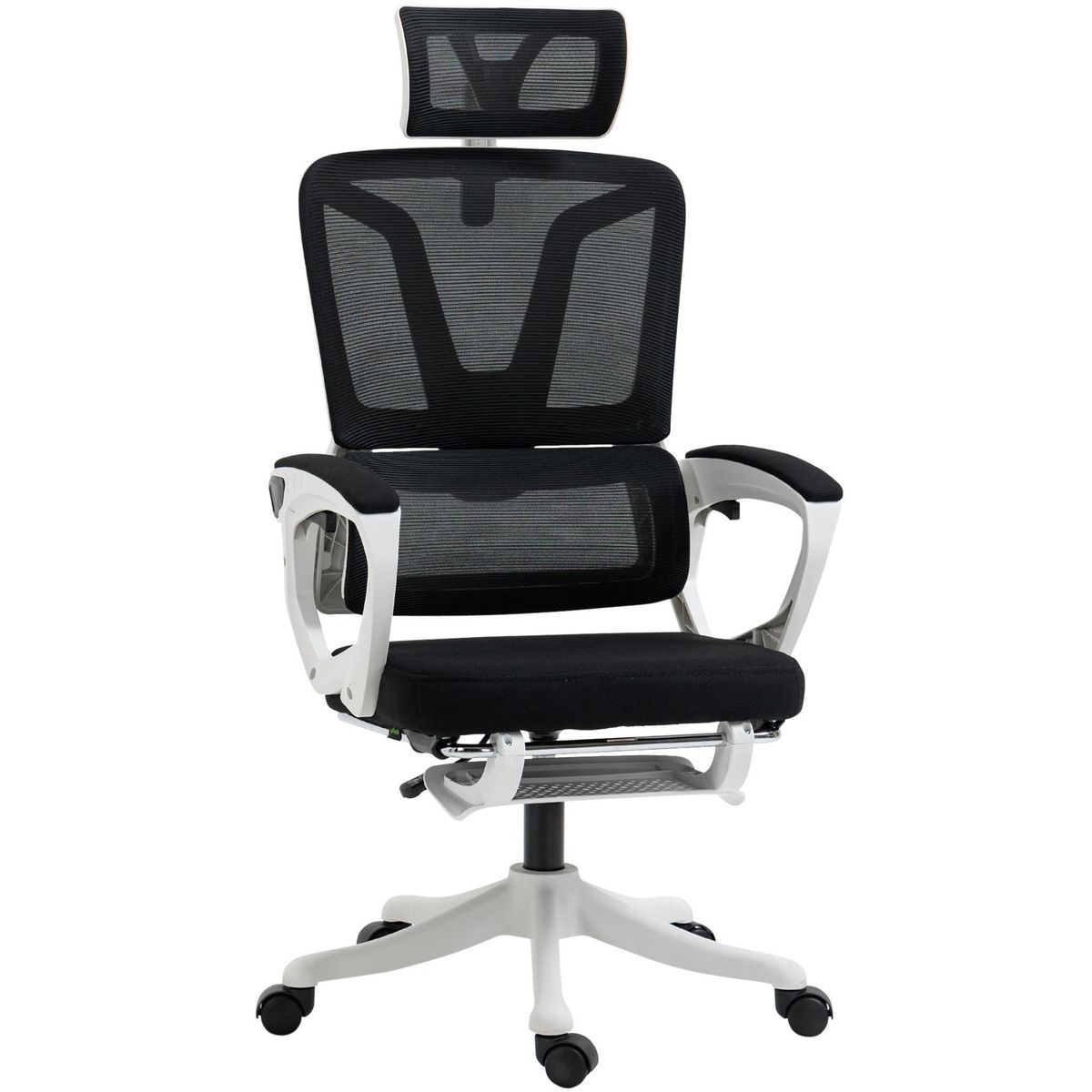 VINSETTO Fauteuil de bureau ergonomique inclinable réglable - repose-pied rétractable, support lombaires, tétière ajustable - blanc noir