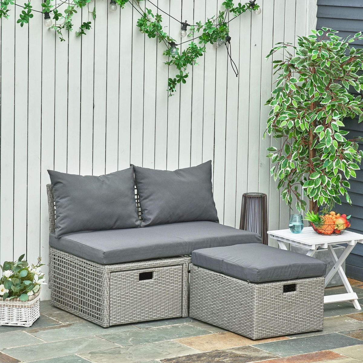 OUTSUNNY Ensemble salon de jardin 3 places 3 pièces - canapé 2 places, pouf, coffre rangement - 4 coussins inclus - résine tressée imitation rotin gris