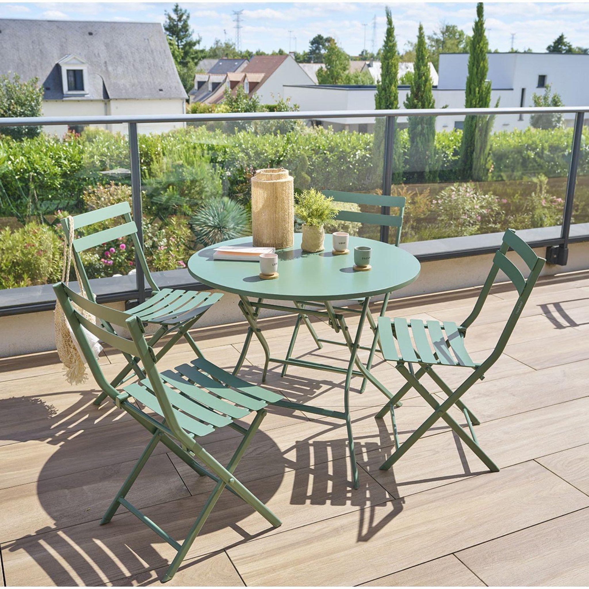Voir la diapositive 2 : HESPERIDE Table de jardin pliante ronde 4 places GREENSBORO - Vert olive
