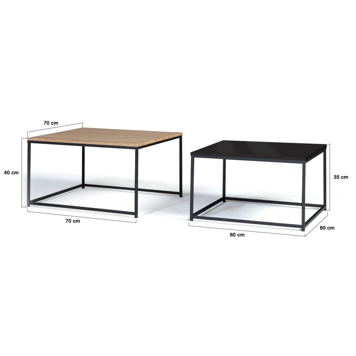 ID MARKET Lot de 2 tables basses gigognes BOSTON 60/70 métal noir et bois design industriel