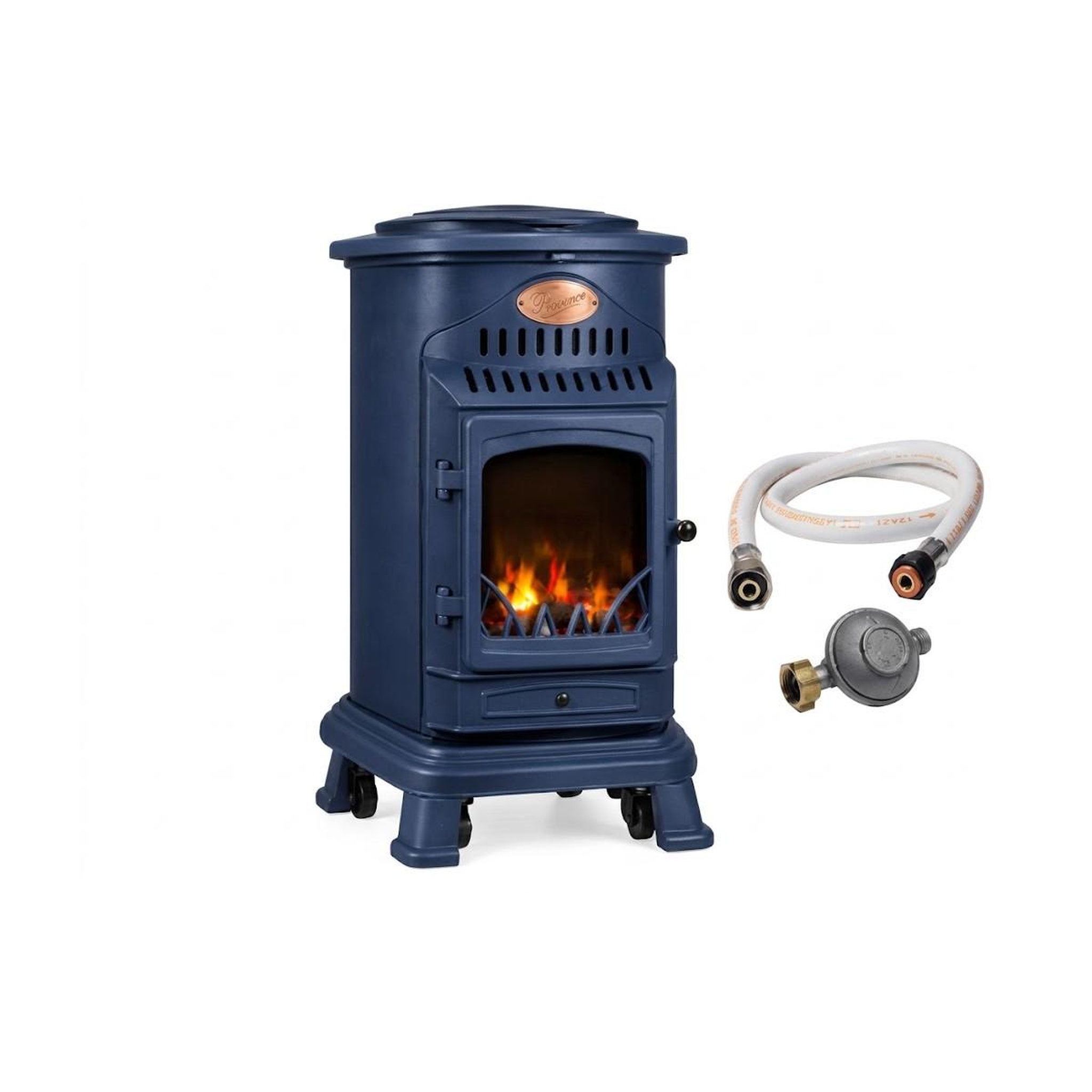 SAHARA Poele à gaz 3,4KW Bleu Saphir Mat Effet poêle à bois Fonte véritable + Tuyau gaz + détendeur butane Provence Sahara