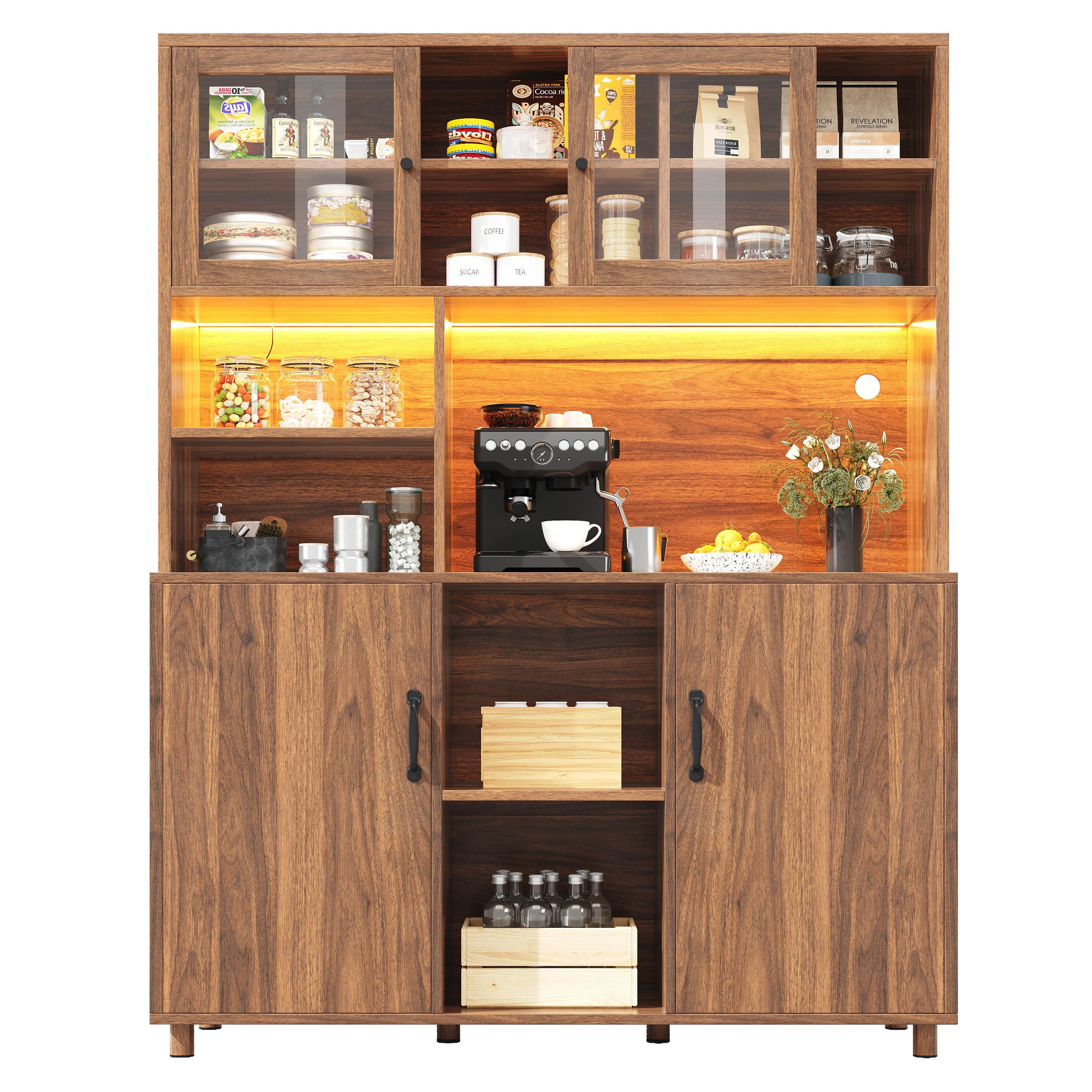 MERAX Buffet de cuisine 4 portes 0 tiroir - 120 cm noyer led mdf