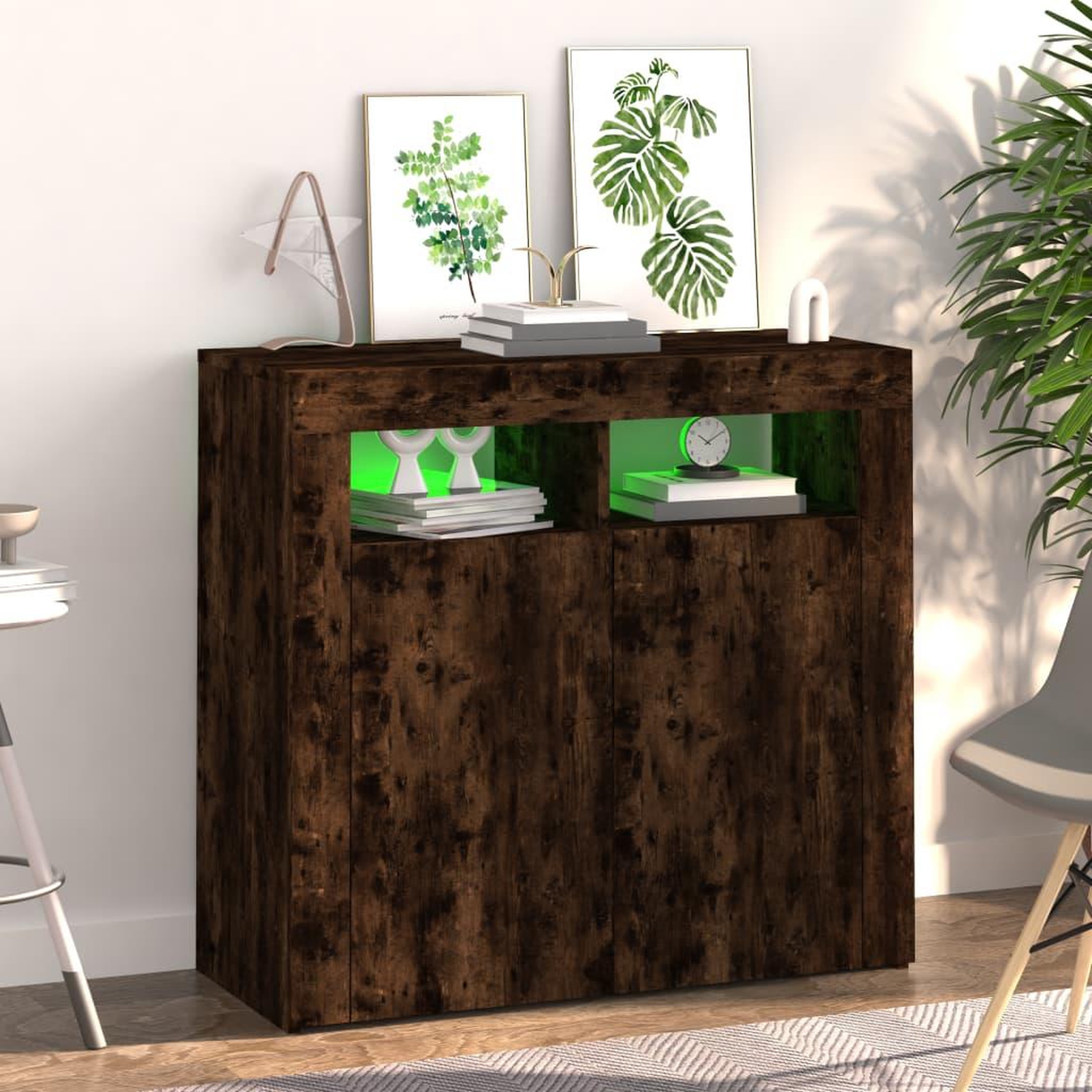 Voir la diapositive 4 : VIDAXL Buffet avec lumieres LED chene fume 80x35x75 cm