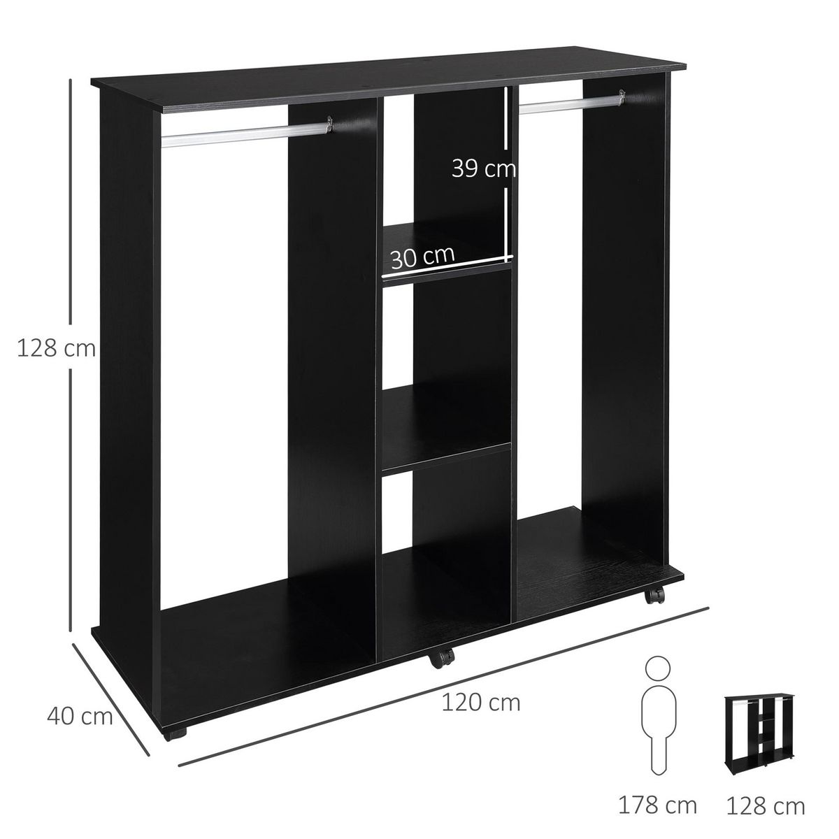 HOMCOM Armoire penderie meuble de rangement mobile 6 roulettes 120L x 40l x 128H cm panneaux de particules aspect bois noir