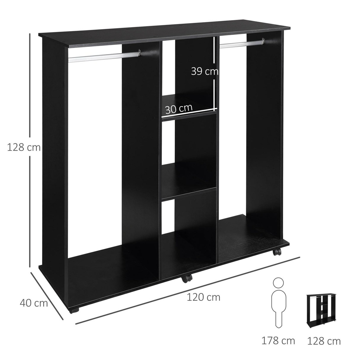 HOMCOM Armoire penderie meuble de rangement mobile 6 roulettes 120L x 40l x 128H cm panneaux de particules aspect bois noir