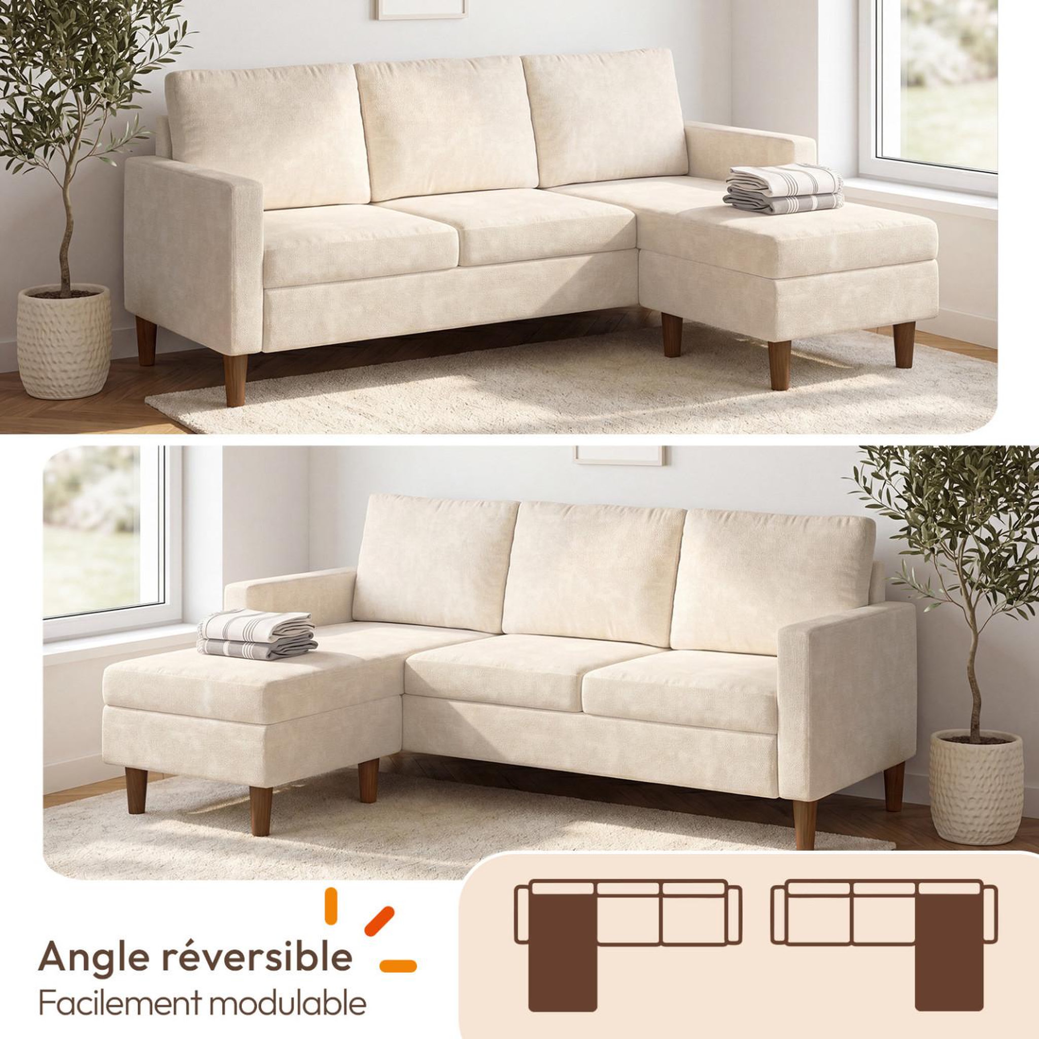 Voir la diapositive 3 : ID MARKET Canapé d'angle réversible 3 places marius 200 cm en tissu chenille beige
