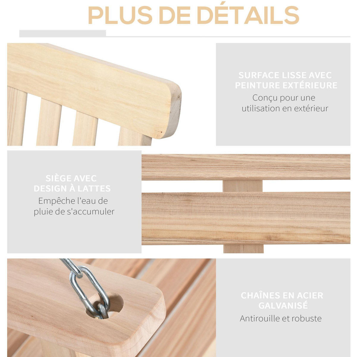 OUTSUNNY Banc suspendu 2 places en bois - dossier assise à lattes - max. 200Kg - chaînes réglables acier galvanisé