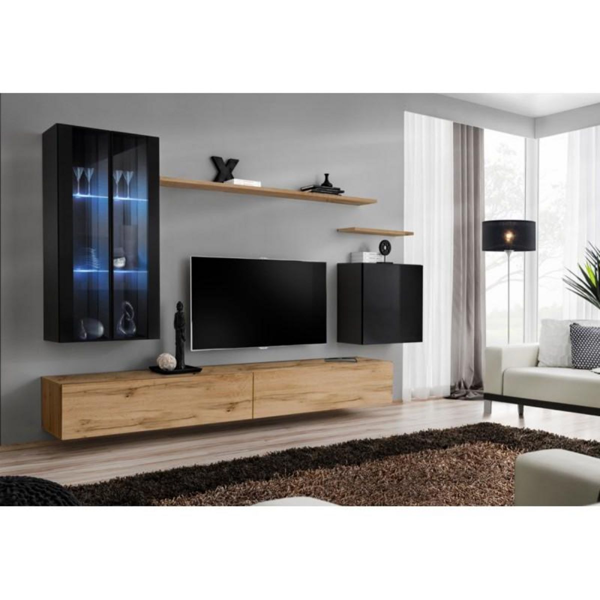 Paris Prix Meuble TV Mural Design  Switch XII  270cm Noir & Naturel