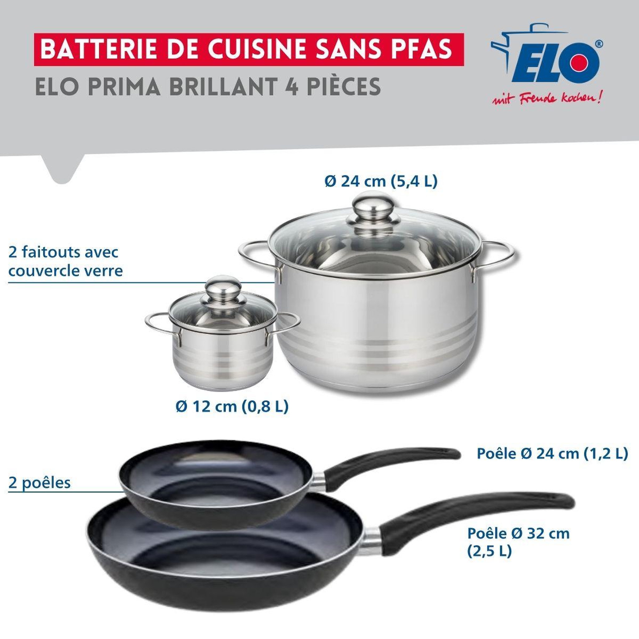 Voir la diapositive 2 : ELO Ensemble de 2 poêles de cuisson 24 et 32 cm et 2 faitouts 12 et 24 cm elo prima brillant