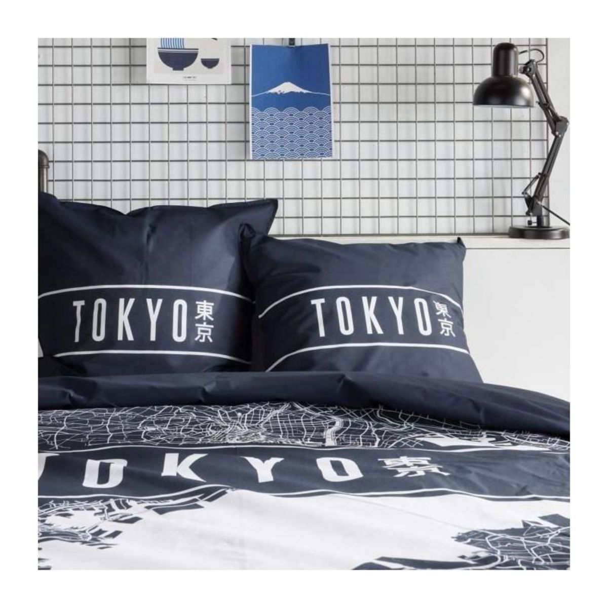 Today Parure de lit - TODAY - JAVA - 2 personnes - 240x220 cm - Coton - Imprimé Tokyo - Bleu foncé