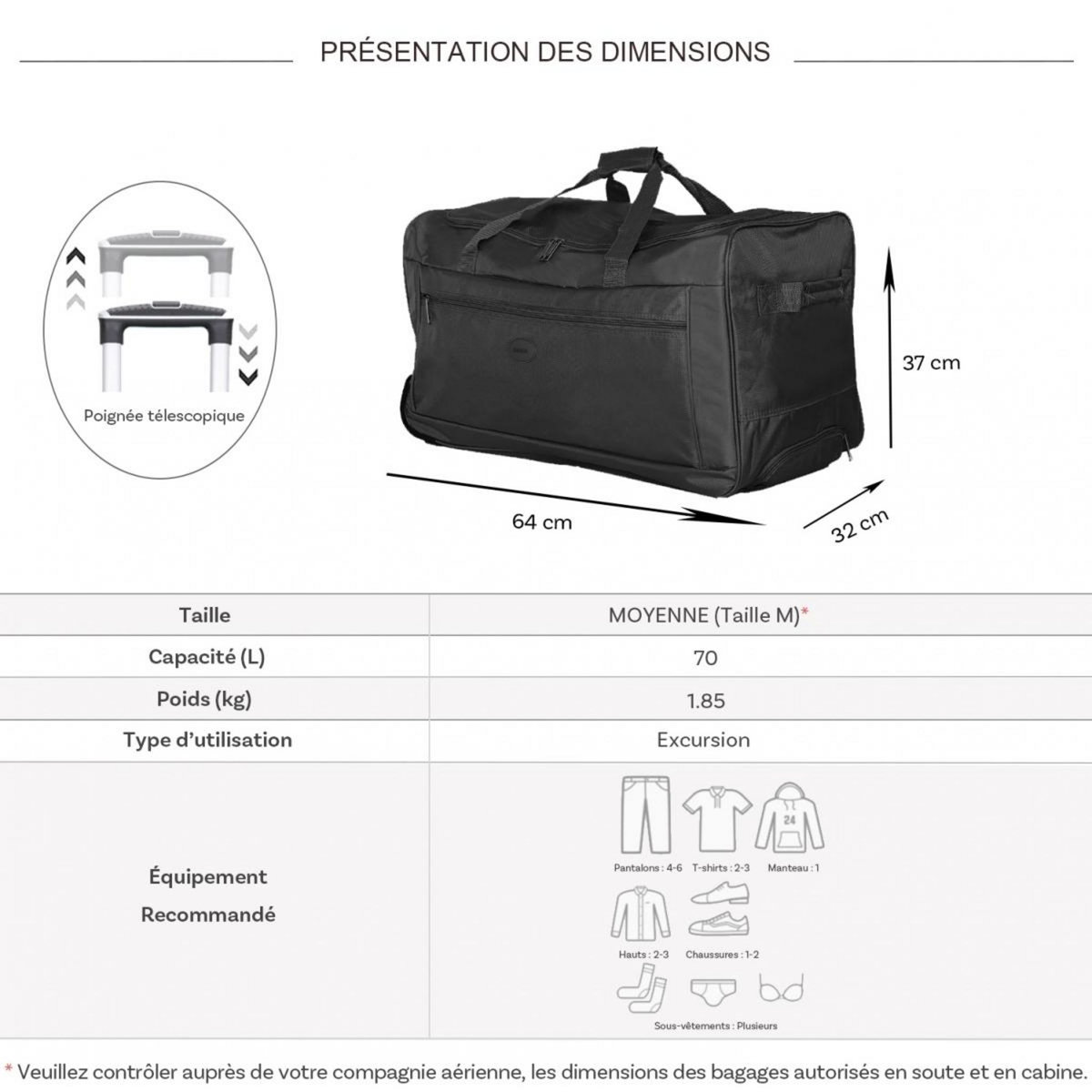 Degré Sac de voyage avec roulettes 70L  64cm