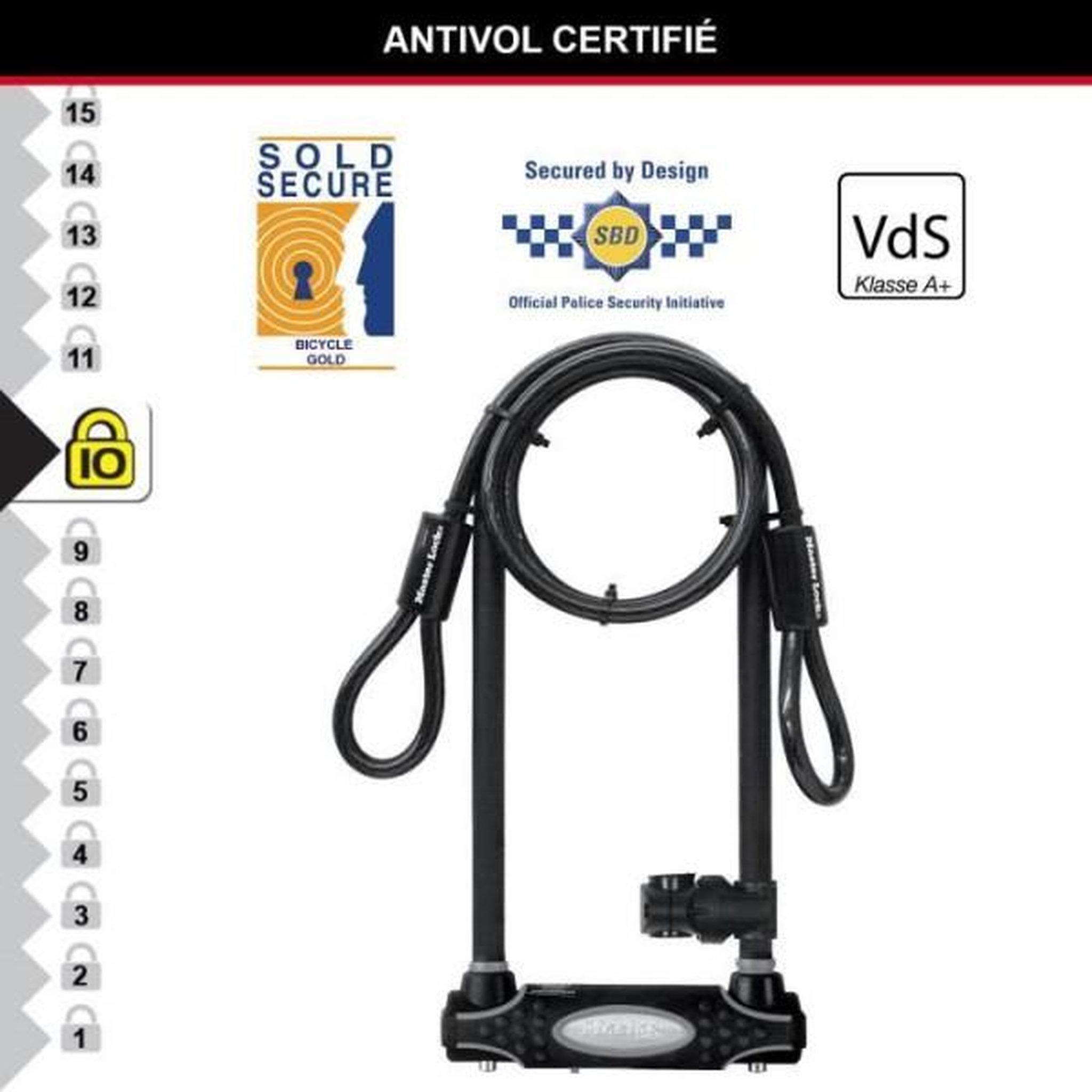 Voir la diapositive 4 : Master lock Antivol U avec Câble - MASTER LOCK - Modele XL - Sold Secure Gold, Police Approved