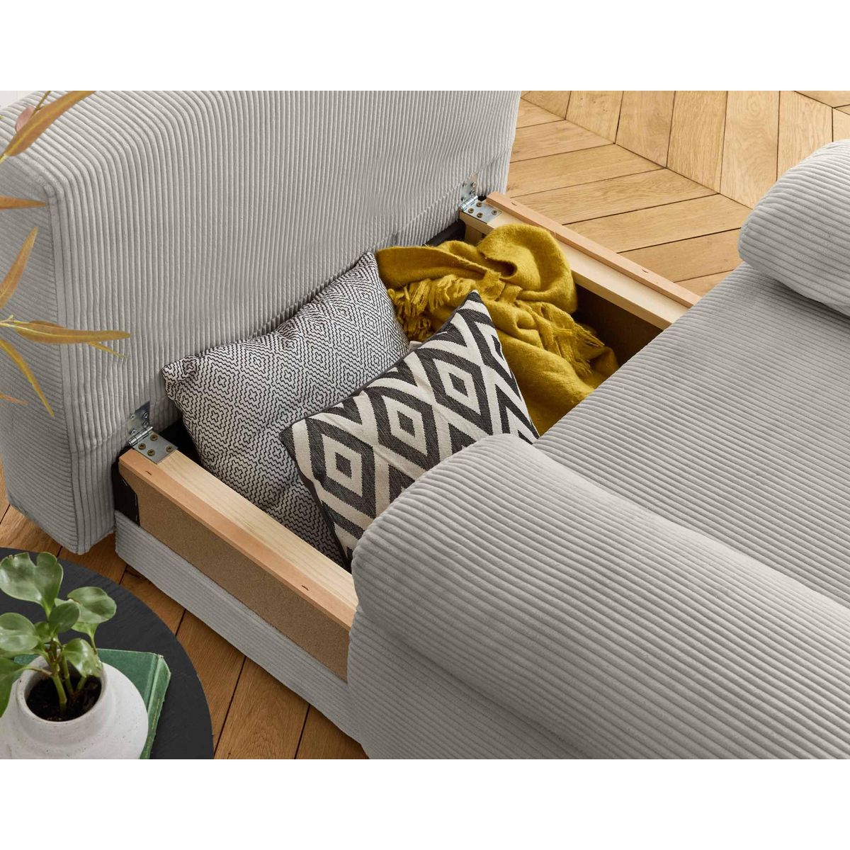 BEST MOBILIER Cristal - fauteuil - convertible avec coffre et grand pouf - en velours côtelé