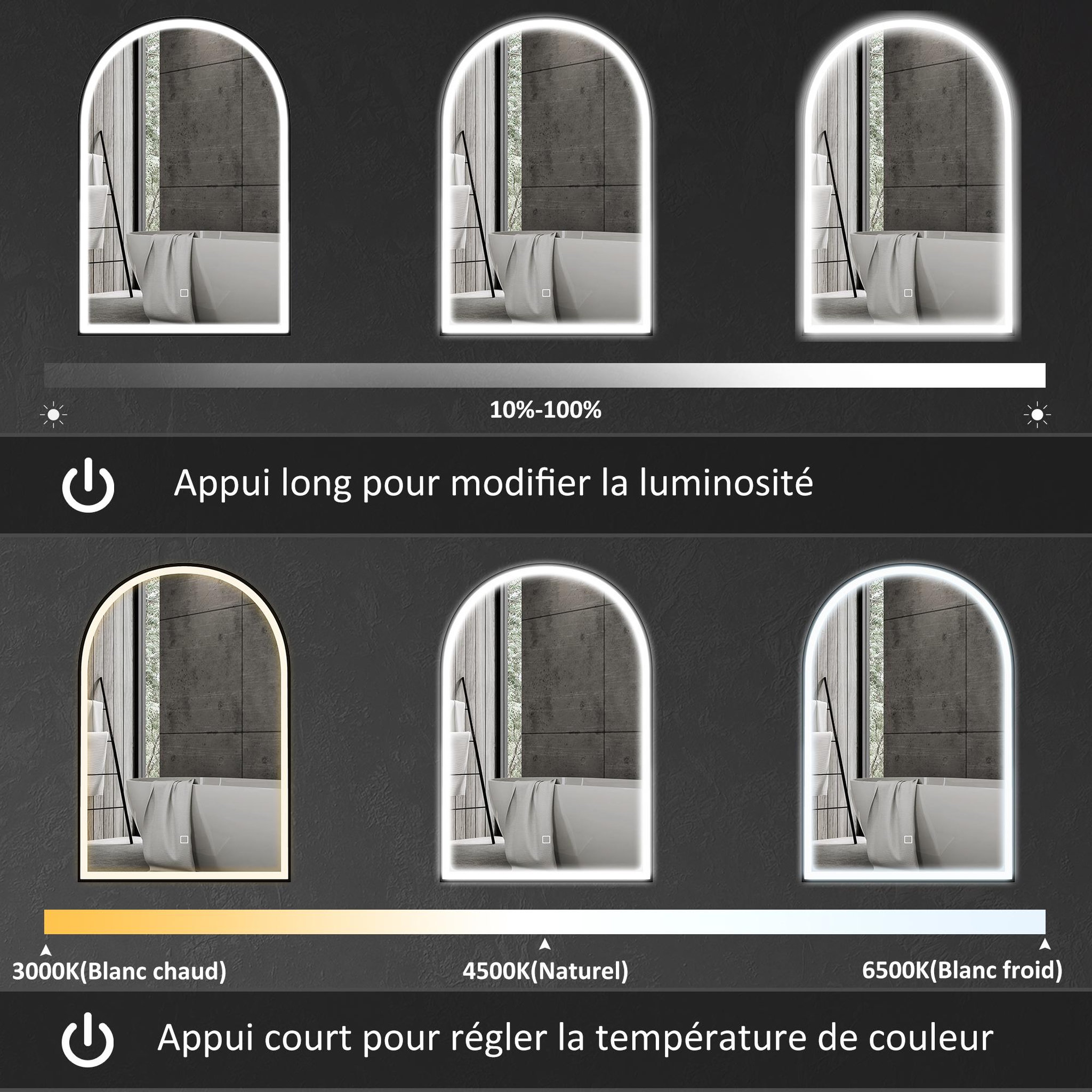 Voir la diapositive 4 : HOMCOM Miroir lumineux led arqué de salle de bain 90 x 60 cm - tactile, réglable, anti-buée - alu noir