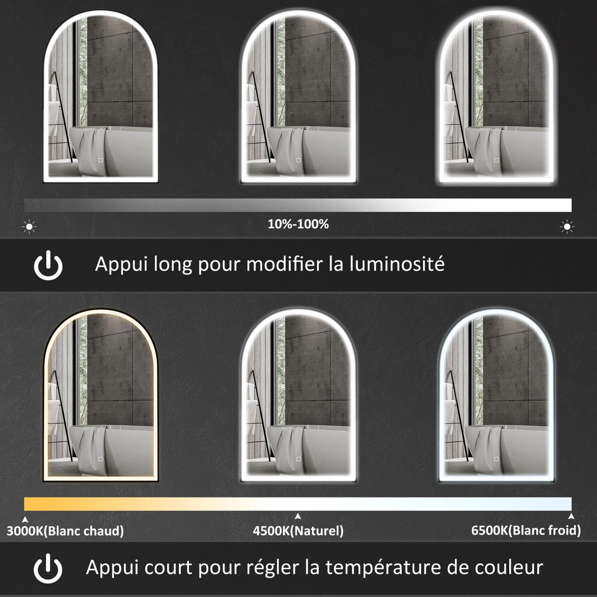 HOMCOM Miroir lumineux LED arqué de salle de bain 90 x 60 cm - tactile, réglable, anti-buée - alu noir