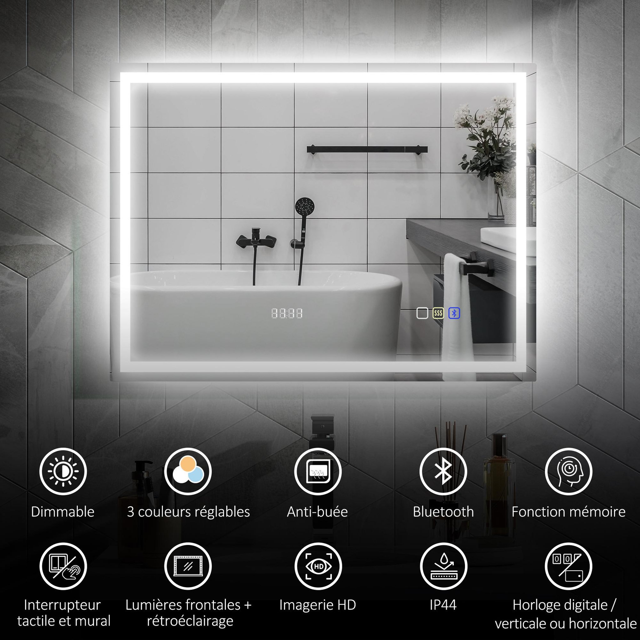 Voir la diapositive 4 : HOMCOM Miroir lumineux led salle de bain 80 x 60 cm bluetooth interrupteur tactile lumière réglable 3 couleurs fonction anti-buée et mémoire