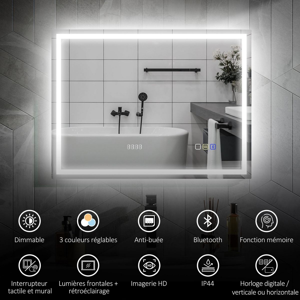 HOMCOM Miroir lumineux LED salle de bain 80 x 60 cm bluetooth interrupteur tactile lumière réglable 3 couleurs fonction anti-buée et mémoire