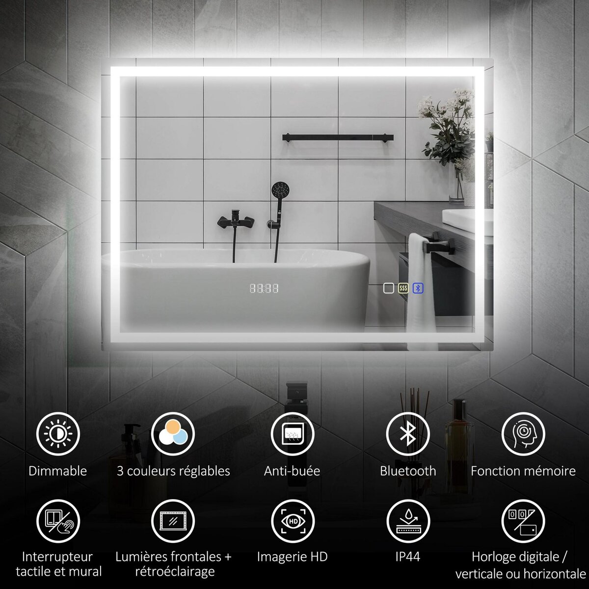 HOMCOM Miroir lumineux LED salle de bain 80 x 60 cm bluetooth interrupteur tactile lumière réglable 3 couleurs fonction anti-buée et mémoire
