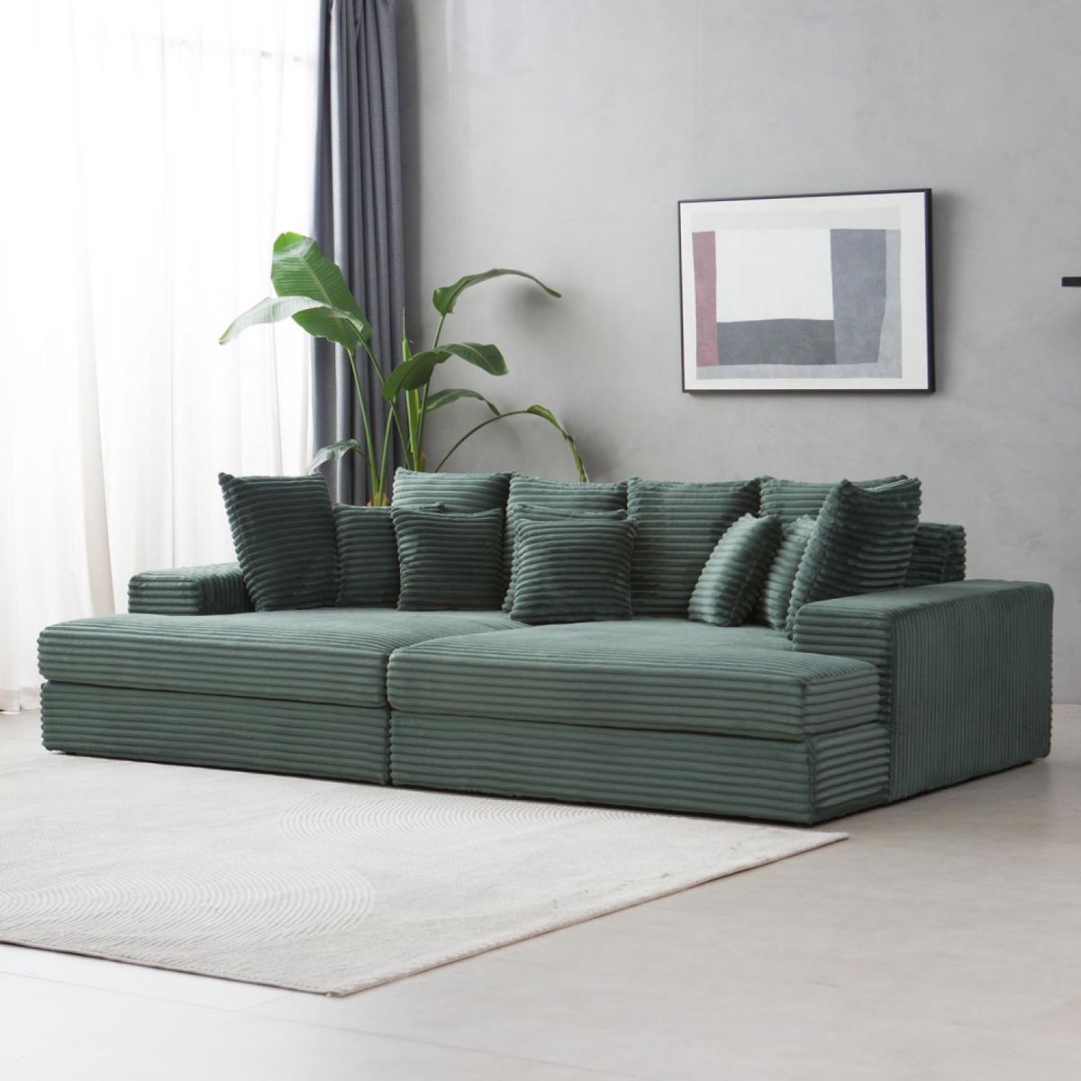 CONCEPT USINE Canapé 4 places assise profonde en velours côtelé vert CARDIFF