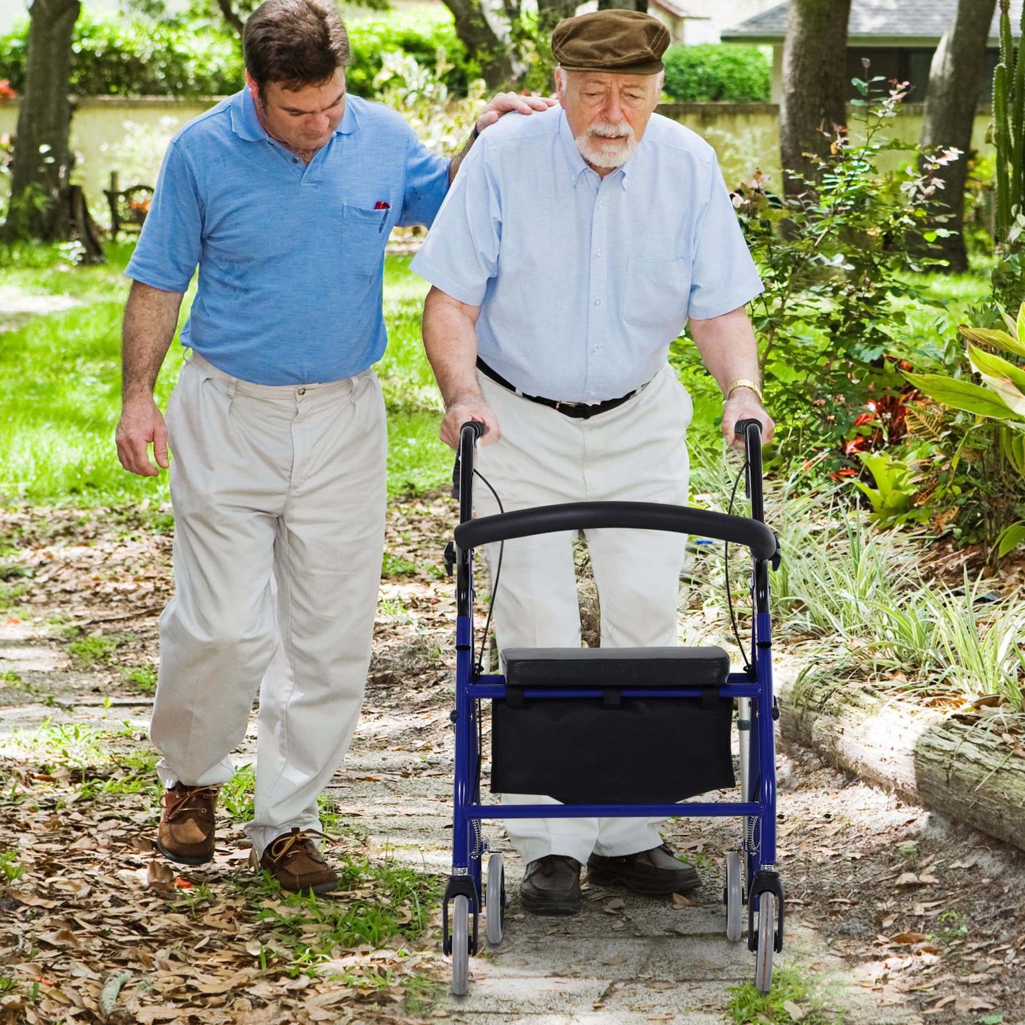 Voir la diapositive 2 : HOMCOM Déambulateur 4 roues - déambulateur pliable léger - assise + dossier rembourré  - poignées ergonomiques, freins à main - panier rangement - métal bleu