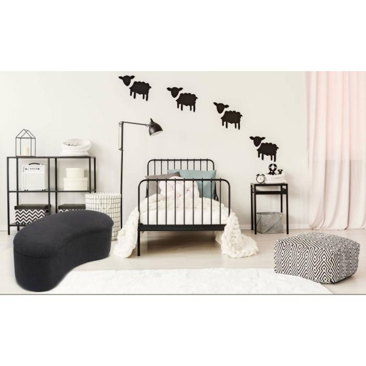 Paris Prix Banquette & Coffre Bouclette  Courbe  120cm Noir