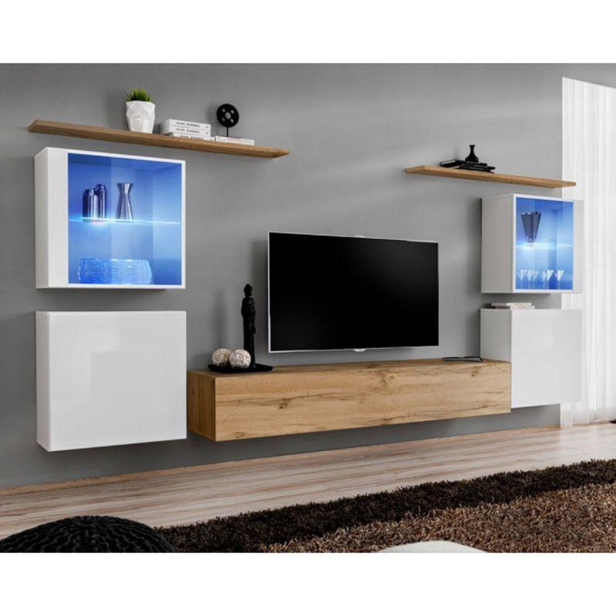 Paris Prix Meuble TV Mural Design  Switch XIV  320cm Blanc & Naturel