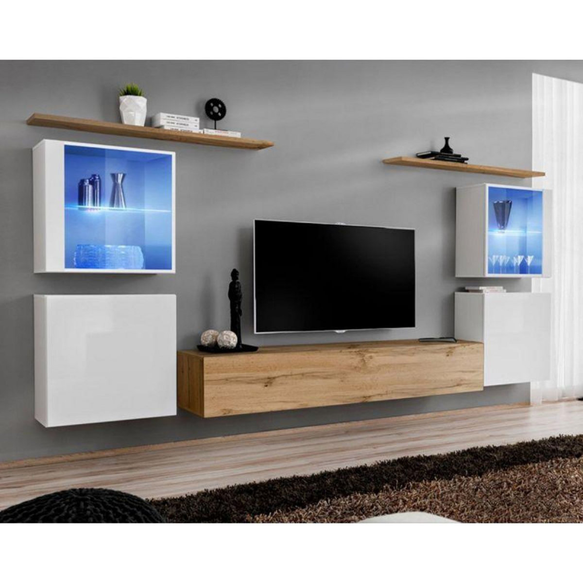 Paris Prix Meuble TV Mural Design  Switch XIV  320cm Blanc & Naturel