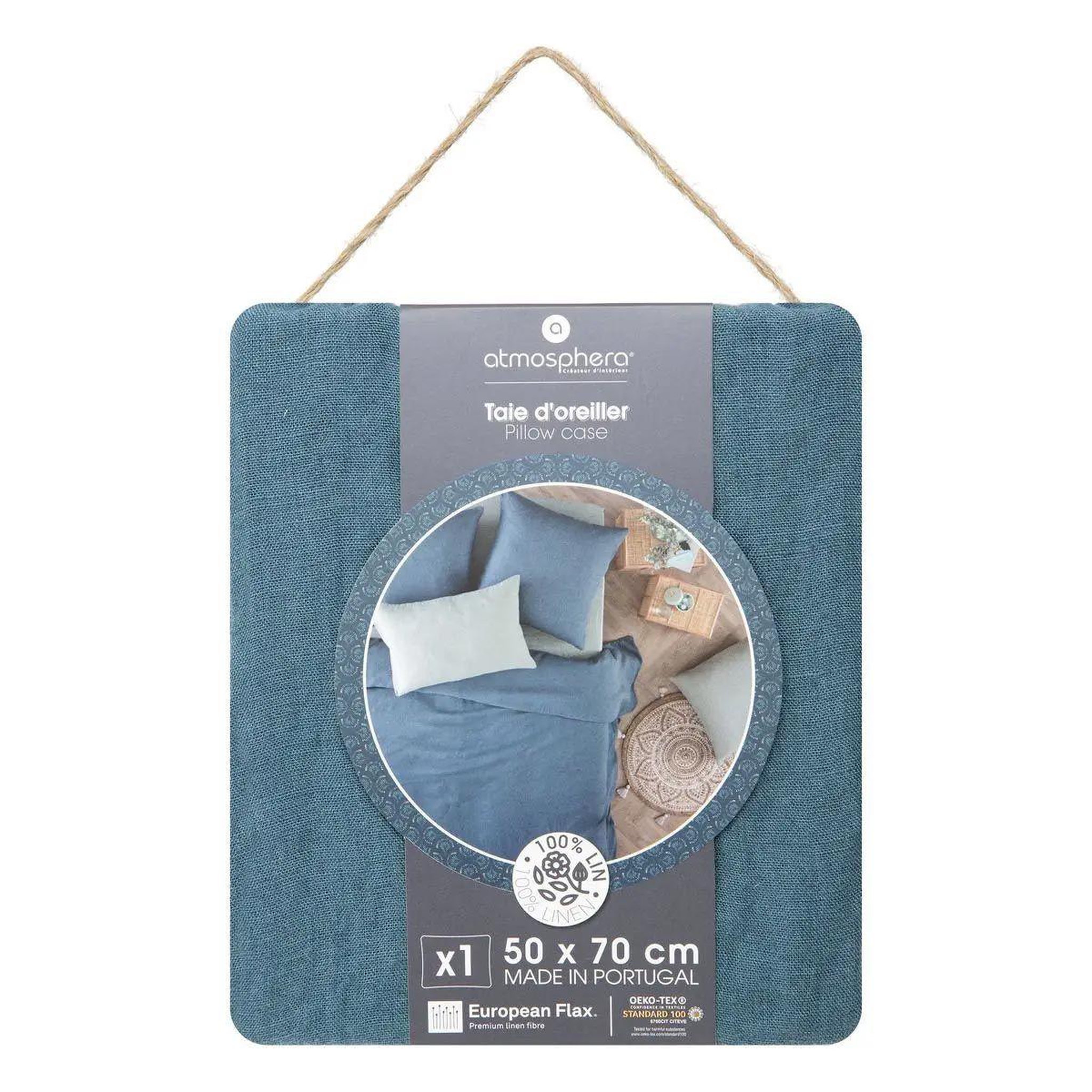 Voir la diapositive 3 : ATMOSPHERA Taie d'oreiller en lin  adorable  50x70cm bleu canard