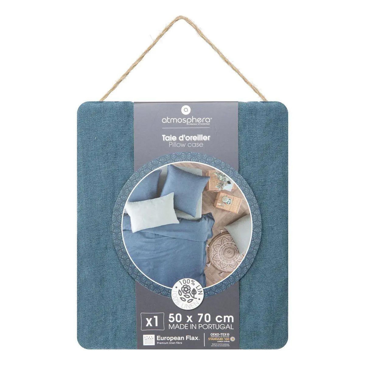 ATMOSPHERA Taie d'Oreiller en Lin  Adorable  50x70cm Bleu Canard