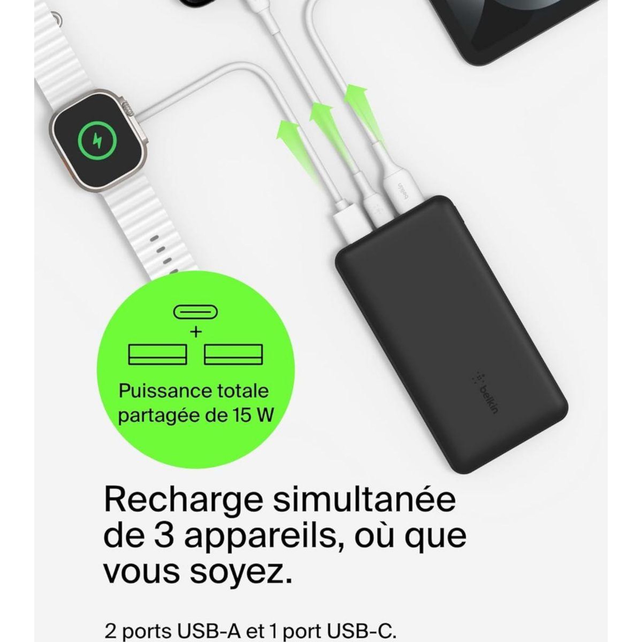 Voir la diapositive 4 : Belkin Batterie externe 20000 mAh 15W USB-C et USB-A