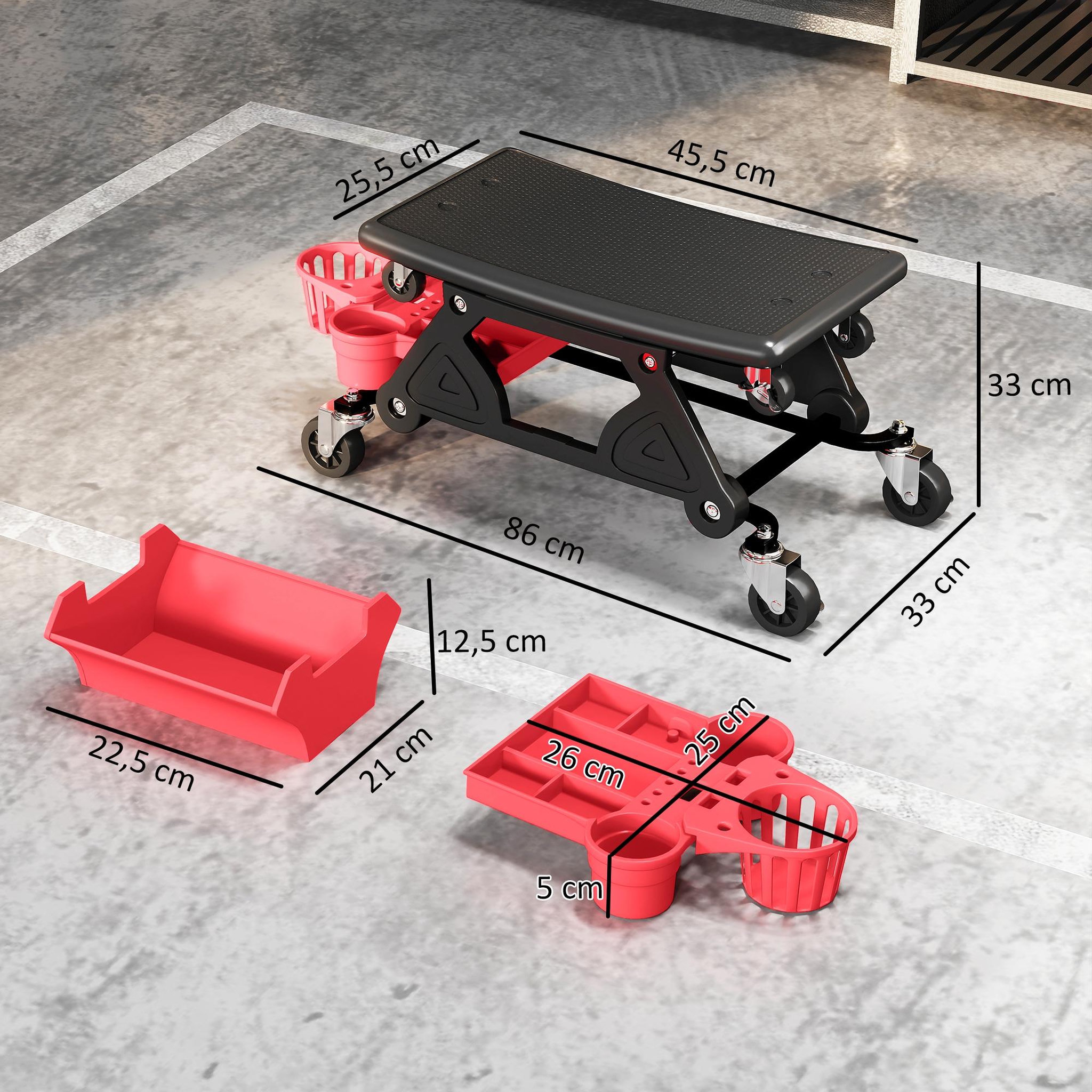 Voir la diapositive 3 : HOMCOM Tabouret d'atelier mobile chariot de mécanicien 2 en 1 - 3 plateaux outils - noir rouge