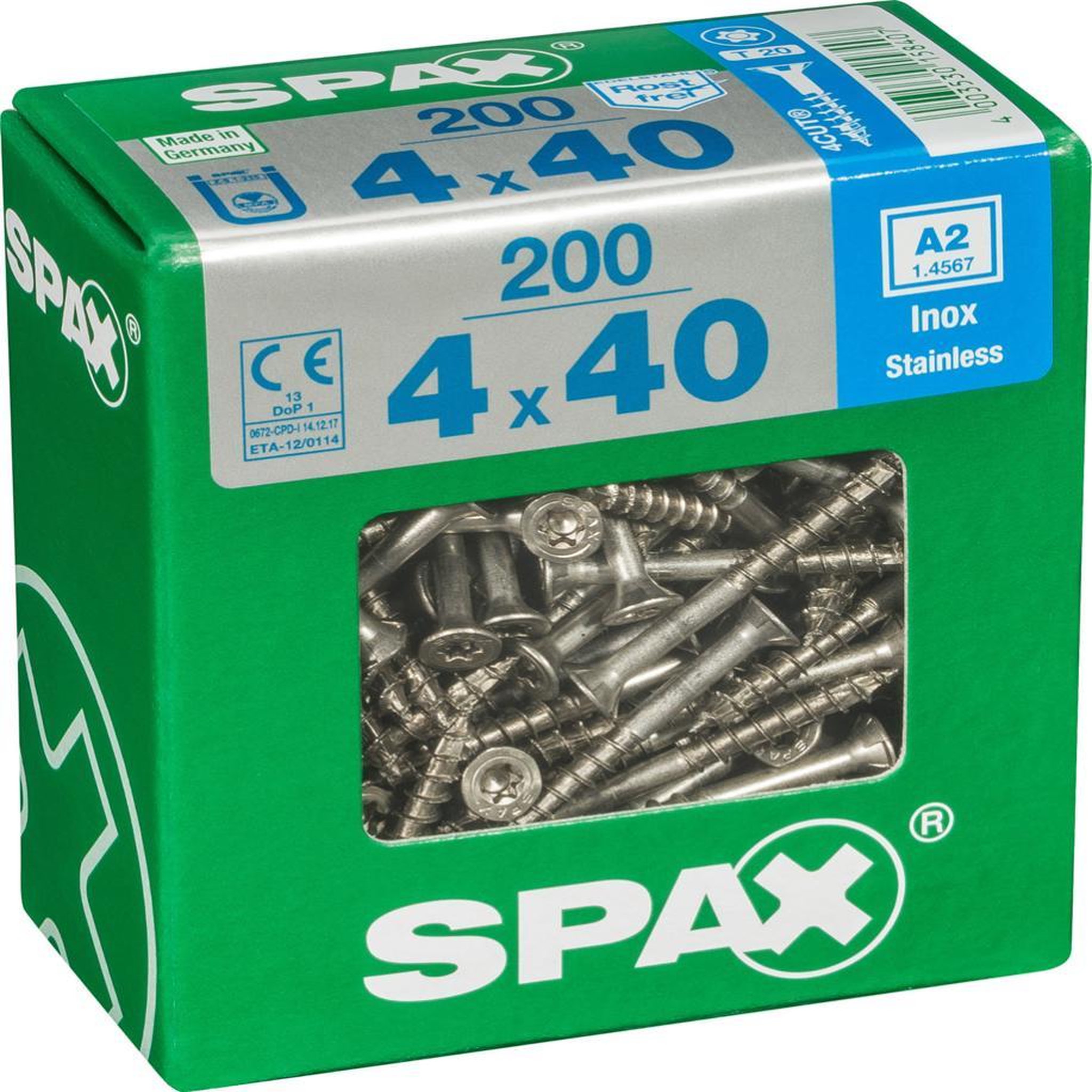CENTRALE BRICO Lot de 200 vis inox tête fraisée torx SPAX, Diam.4 mm x L.40 mm
