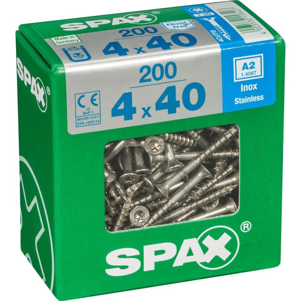 CENTRALE BRICO Lot de 200 vis inox tête fraisée torx SPAX, Diam.4 mm x L.40 mm