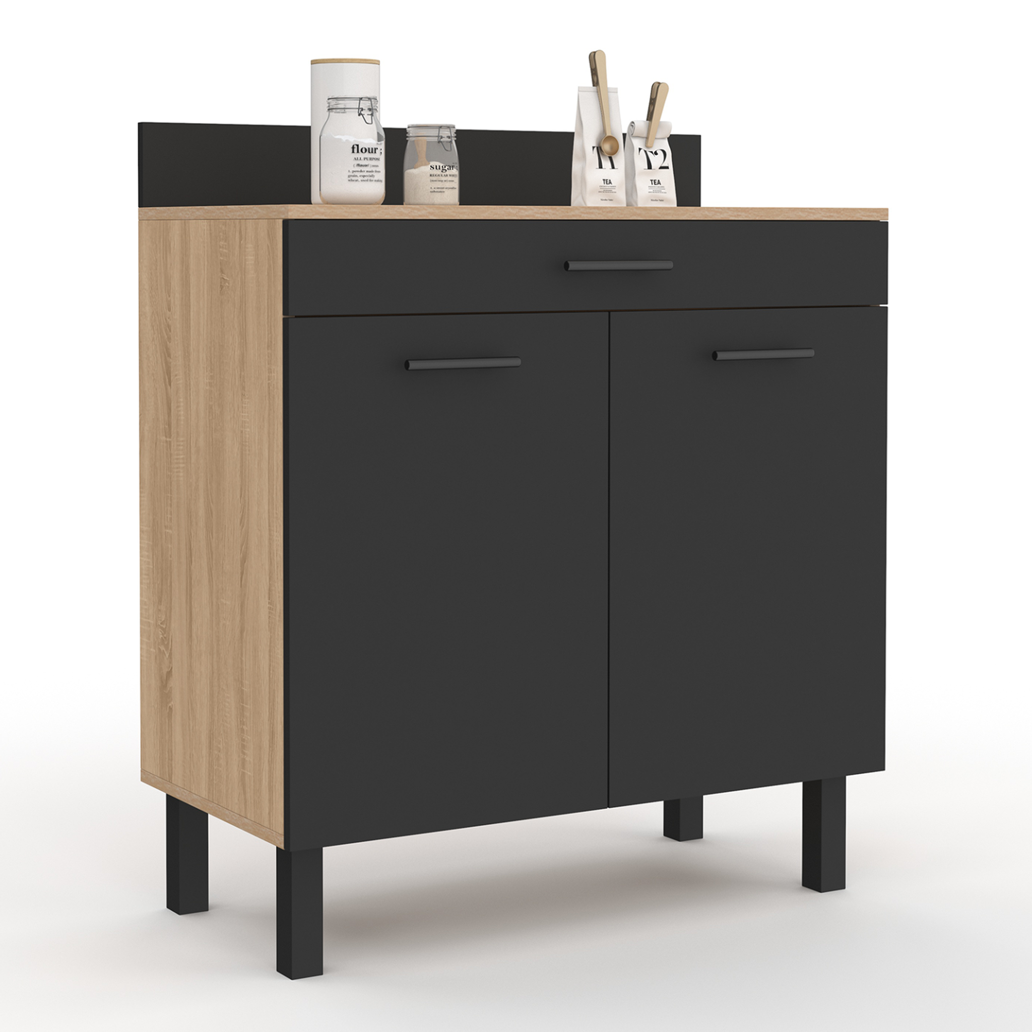 ID MARKET Buffet bas de cuisine 80 cm cina plan de travail h.83 cm 2 portes + tiroir façon hêtre et noir