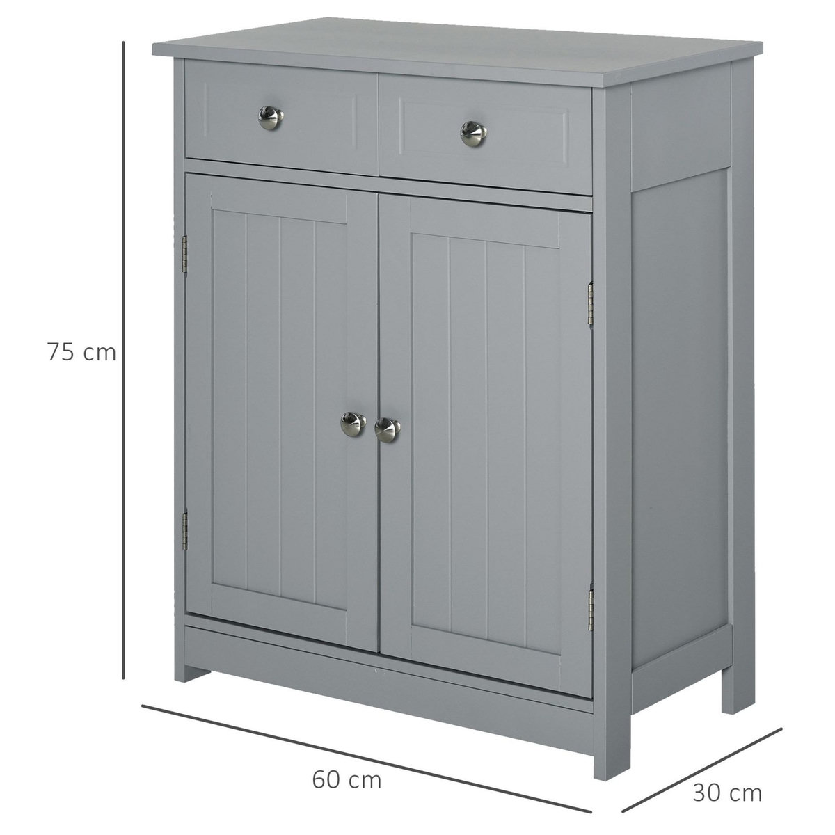 KLEANKIN Meuble bas de salle de bain sur pied 2 portes avec étagère réglable 2 tiroirs poignées boutons métal MDF gris